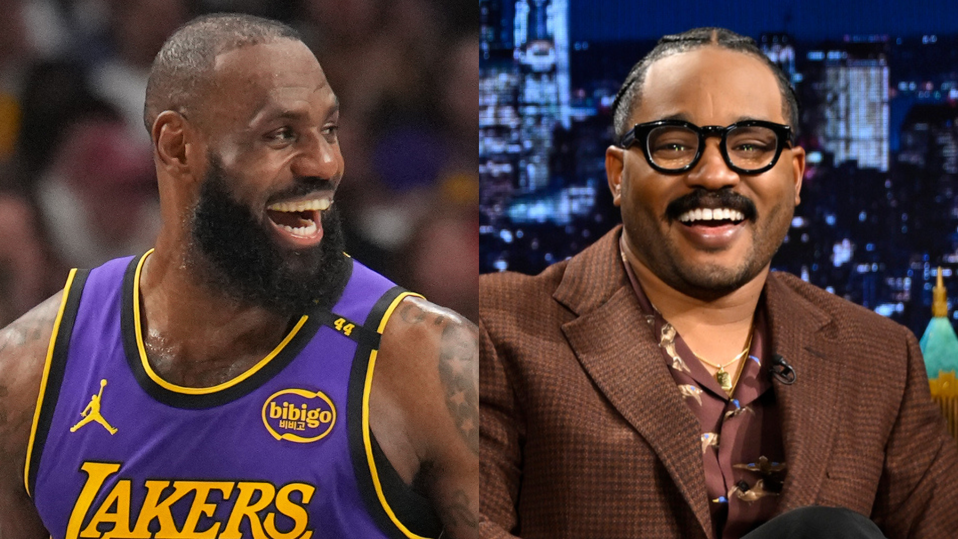 LeBron James in a Lakers jersey smiling on the court; Bowen Yang in glasses and a suit smiling during a talk show.