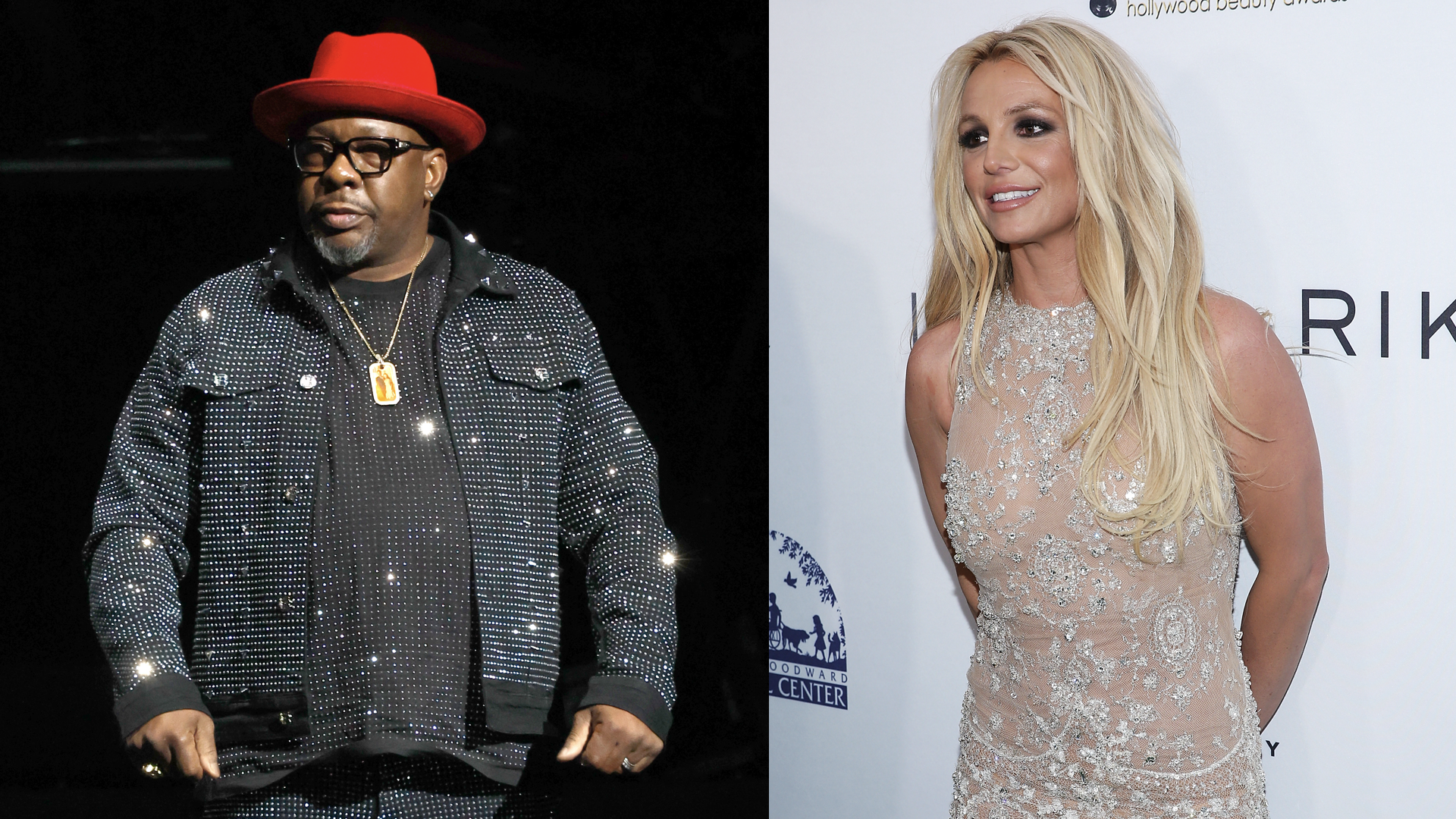 American singer & songwriter Bobby Brown of New Edition performs at Bridgestone Arena on April 16, 2023 in Nashville, Tennessee/Britney Spears attends the 4th Hollywood Beauty Awards at Avalon Hollywood on February 25, 2018 in Los Angeles, California.