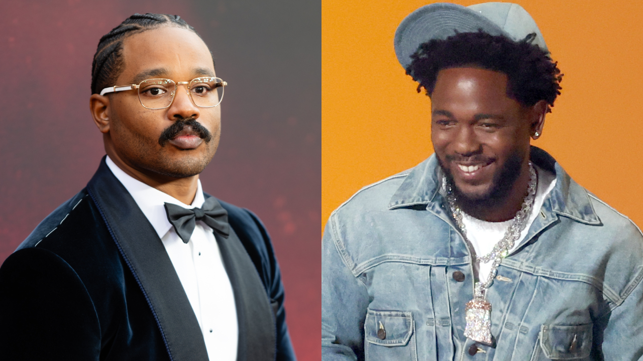 Split image. Left: Ryan Coogler in a tuxedo with glasses; Kendrick Lamar in a denim jacket and cap, smiling.