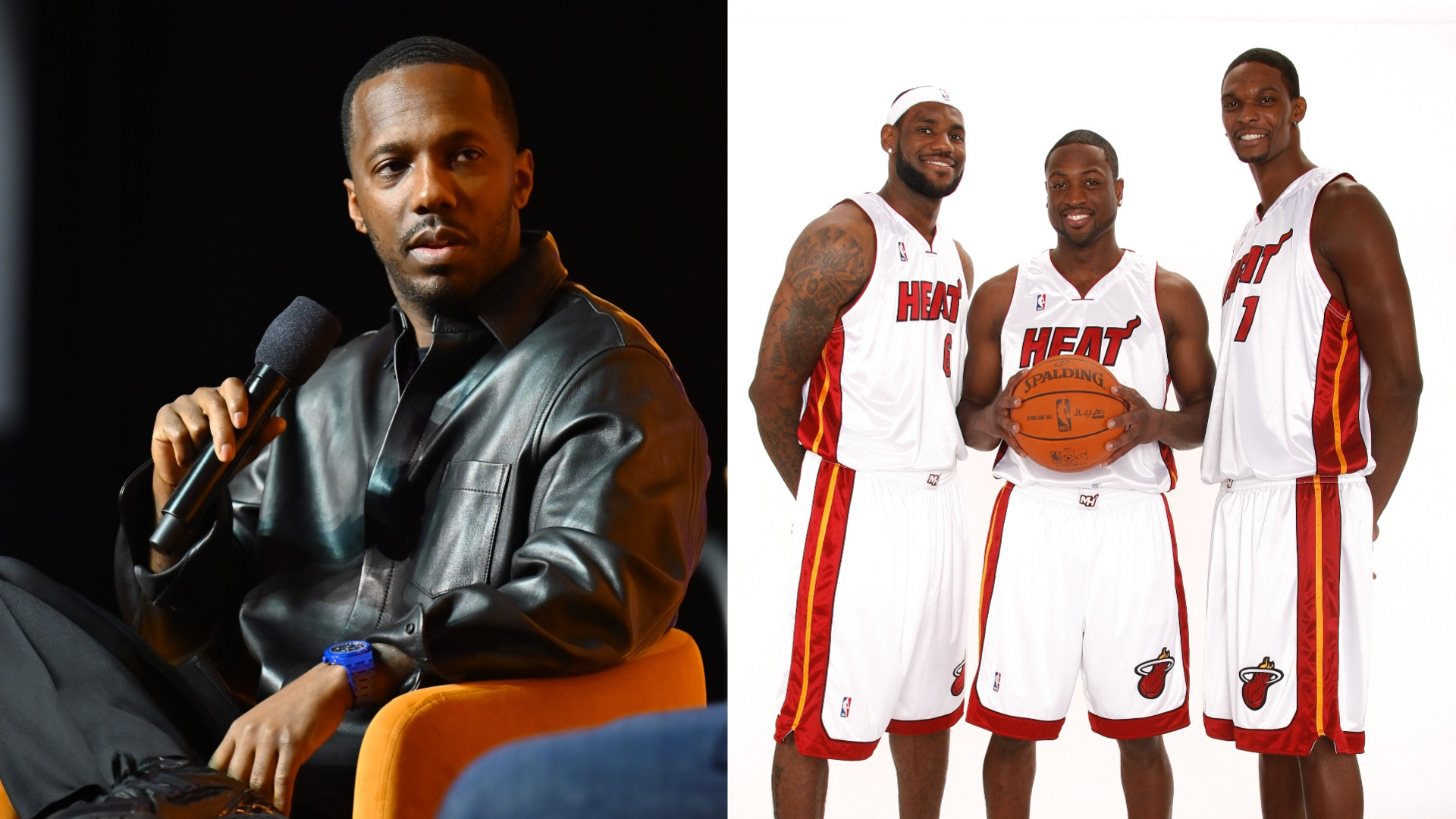 Split image of Rich Paul and LeBron James, Dwyane Wade, and Chris Bosh together.