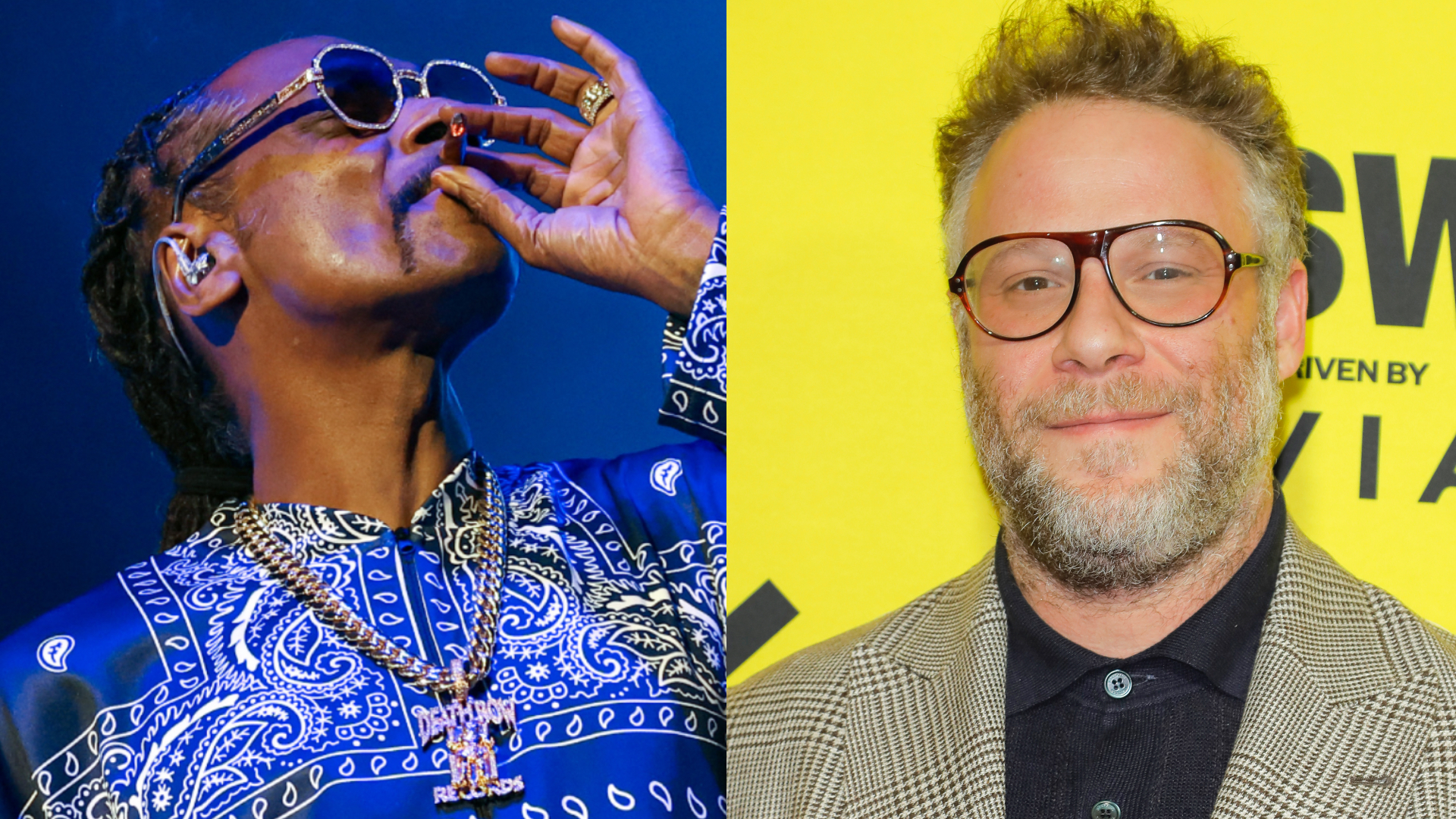 Snoop Dogg performing in sunglasses and a patterned shirt; Seth Rogen smiling in glasses and a checkered blazer.