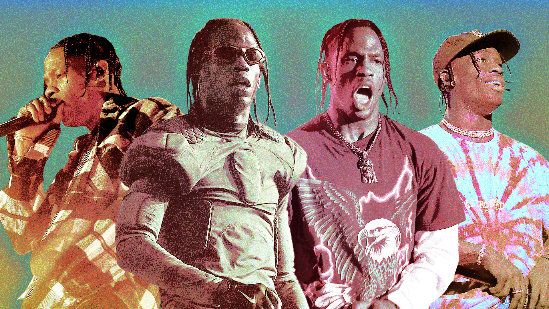 Four images of Travis Scott in different outfits and poses, with a colorful gradient background.