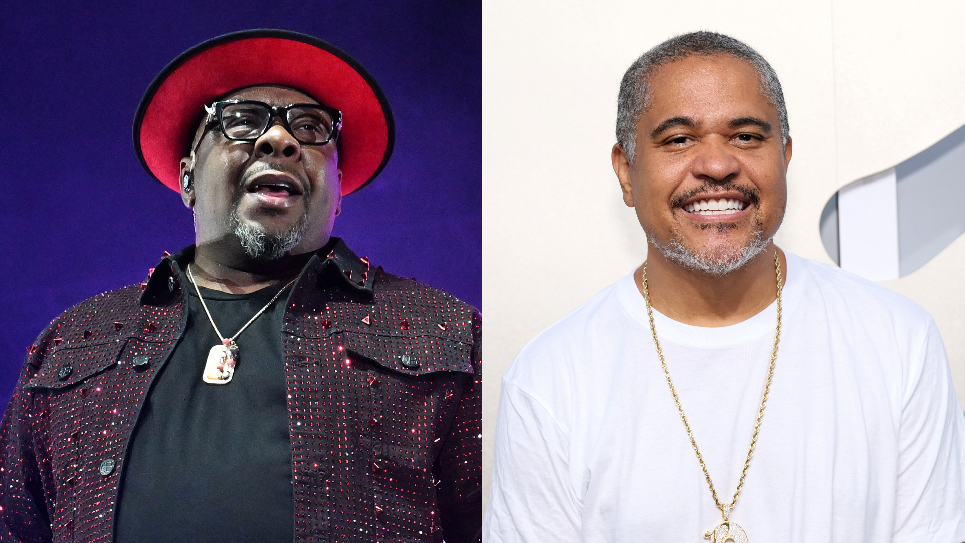 Bobby Brown in a red hat and glittery jacket, and Irv Gotti in a white shirt and gold chain, both smiling.