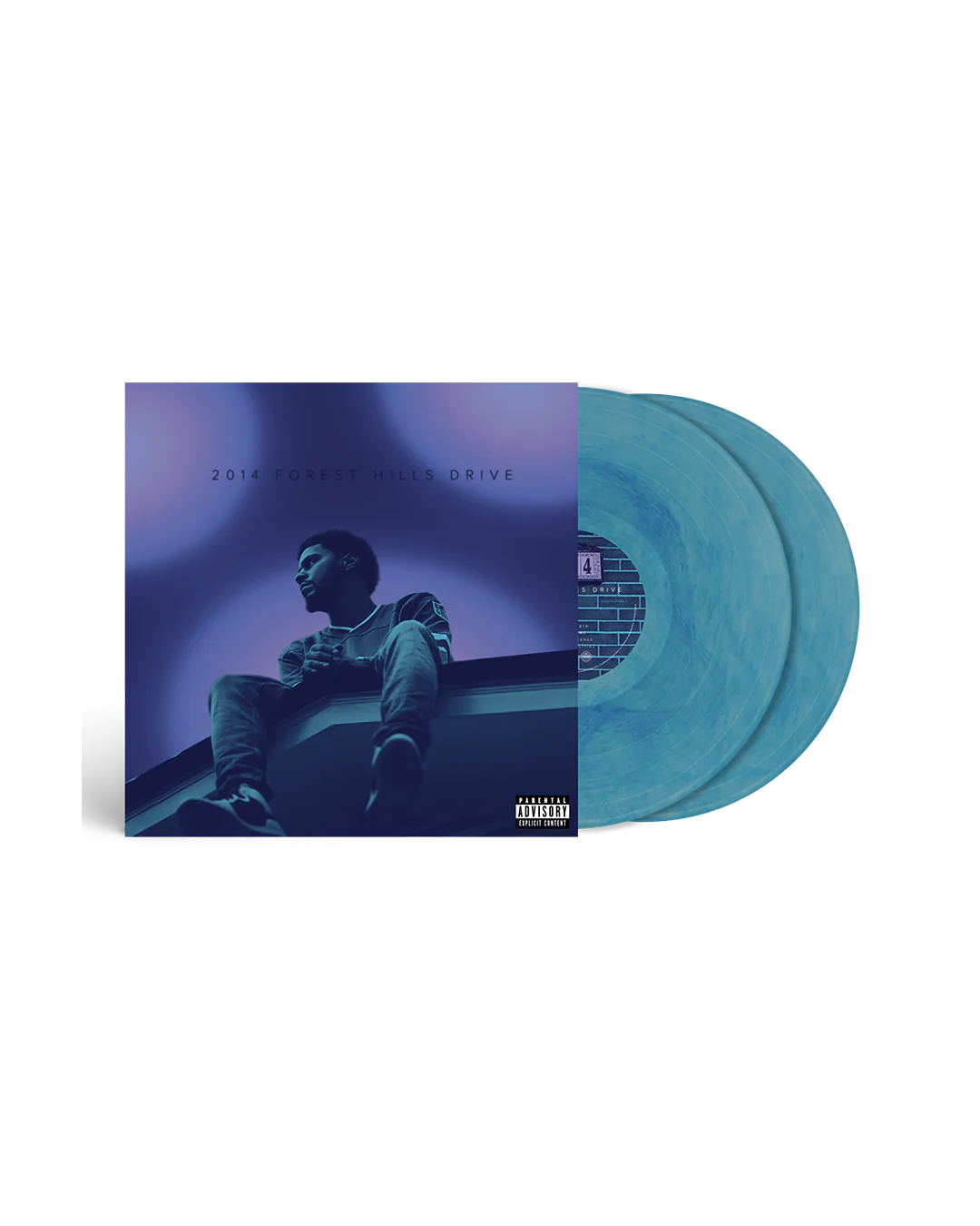 Album cover of "2014 Forest Hills Drive" by J. Cole, featuring him sitting on a rooftop, with two blue vinyl records.