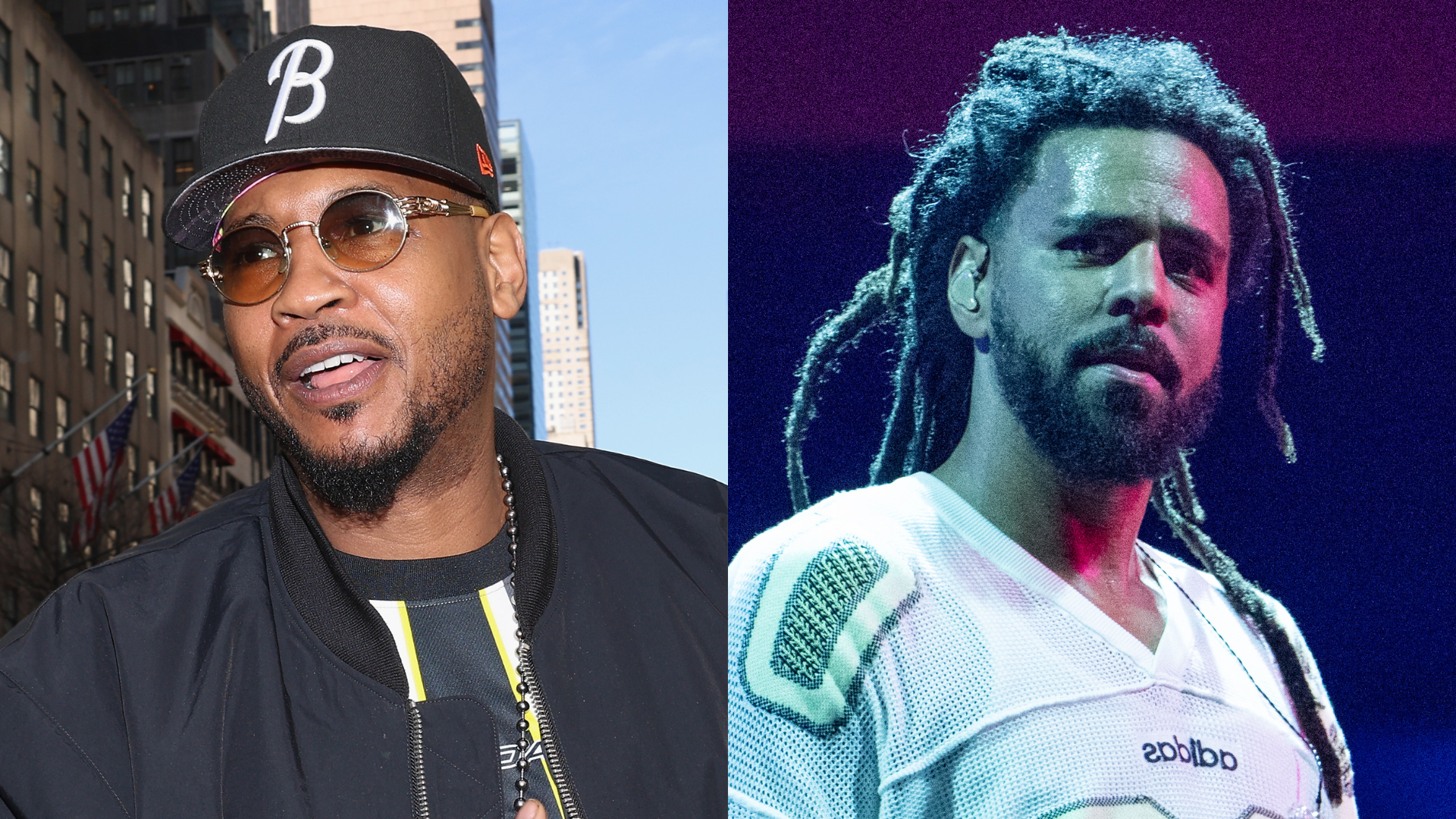 Carmelo Anthony wearing sunglasses and a cap on the left; J. Cole with dreadlocks and a jersey on the right.