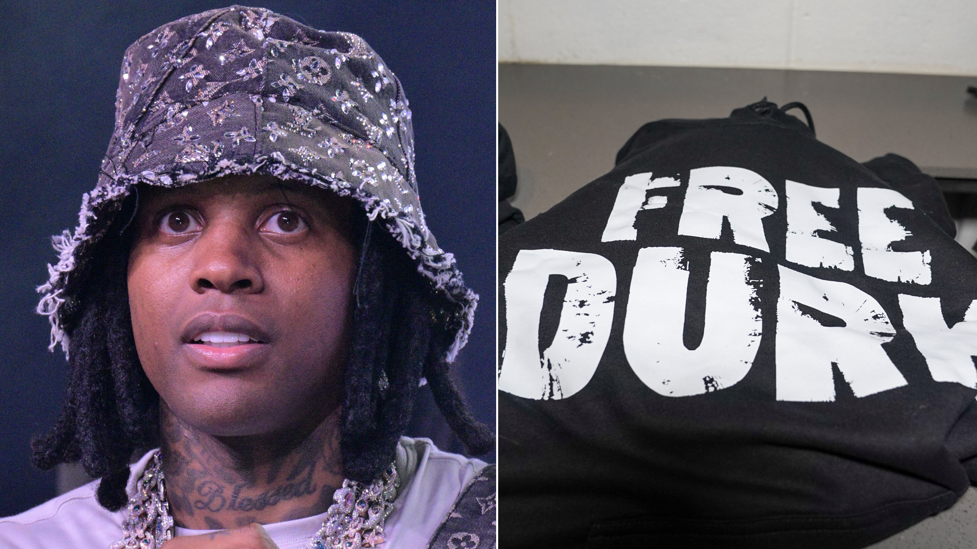 Left: Rapper Lil Durk in a bucket hat. Right: A t-shirt reading, "Free Durk."