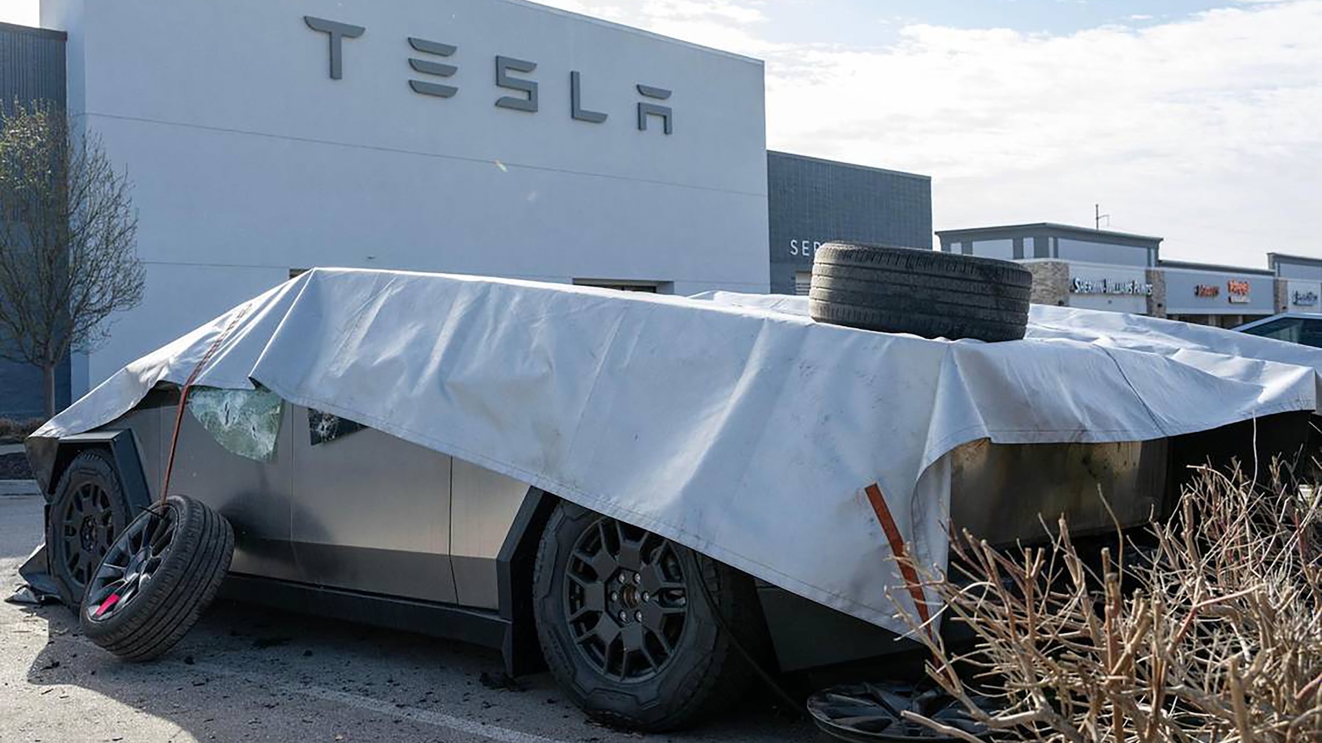 Tesla dealership firebombing scene