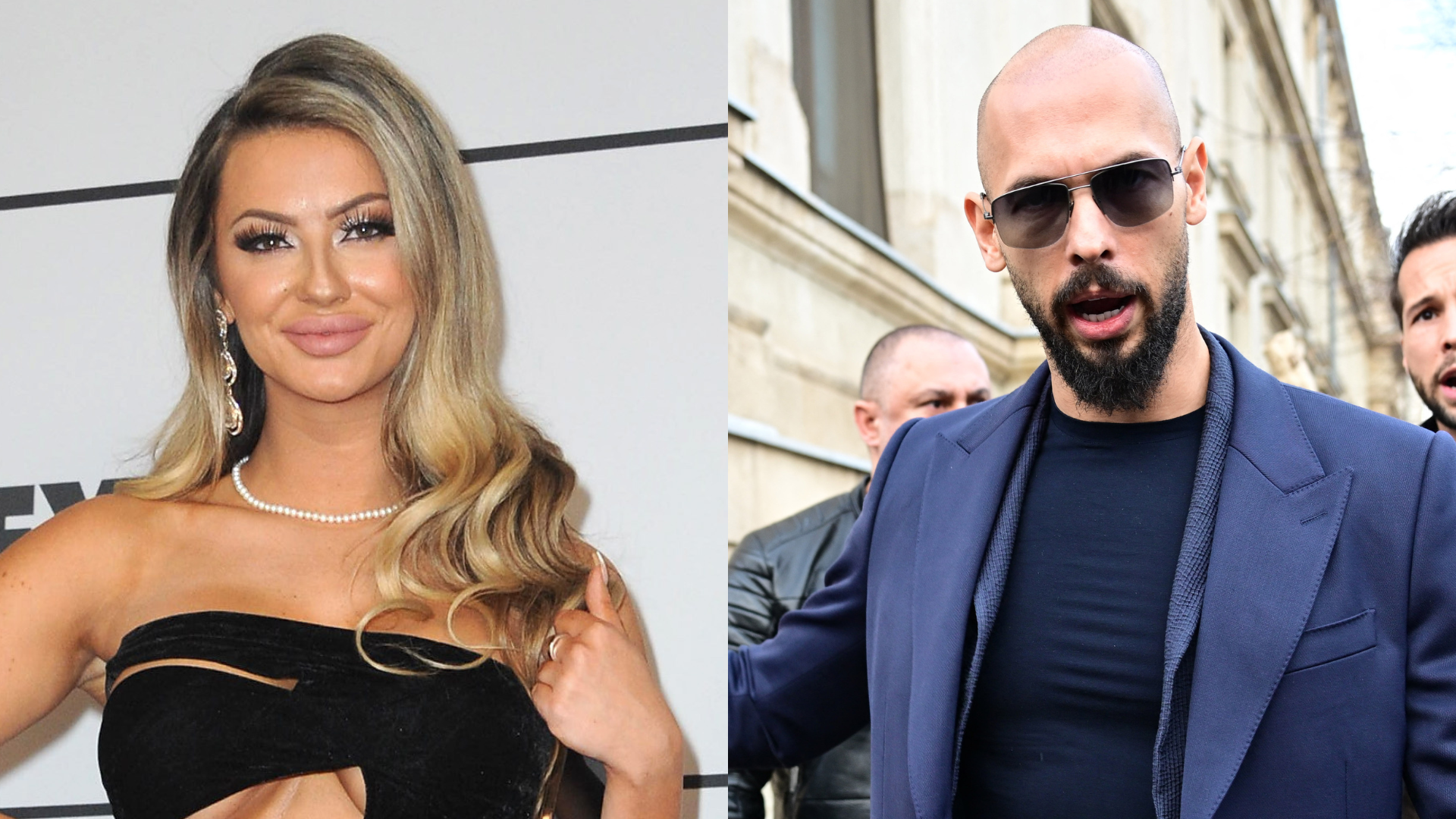 A woman with long blonde hair and a black dress on the left; a bald man with sunglasses and a beard wearing a blue suit on the right.
