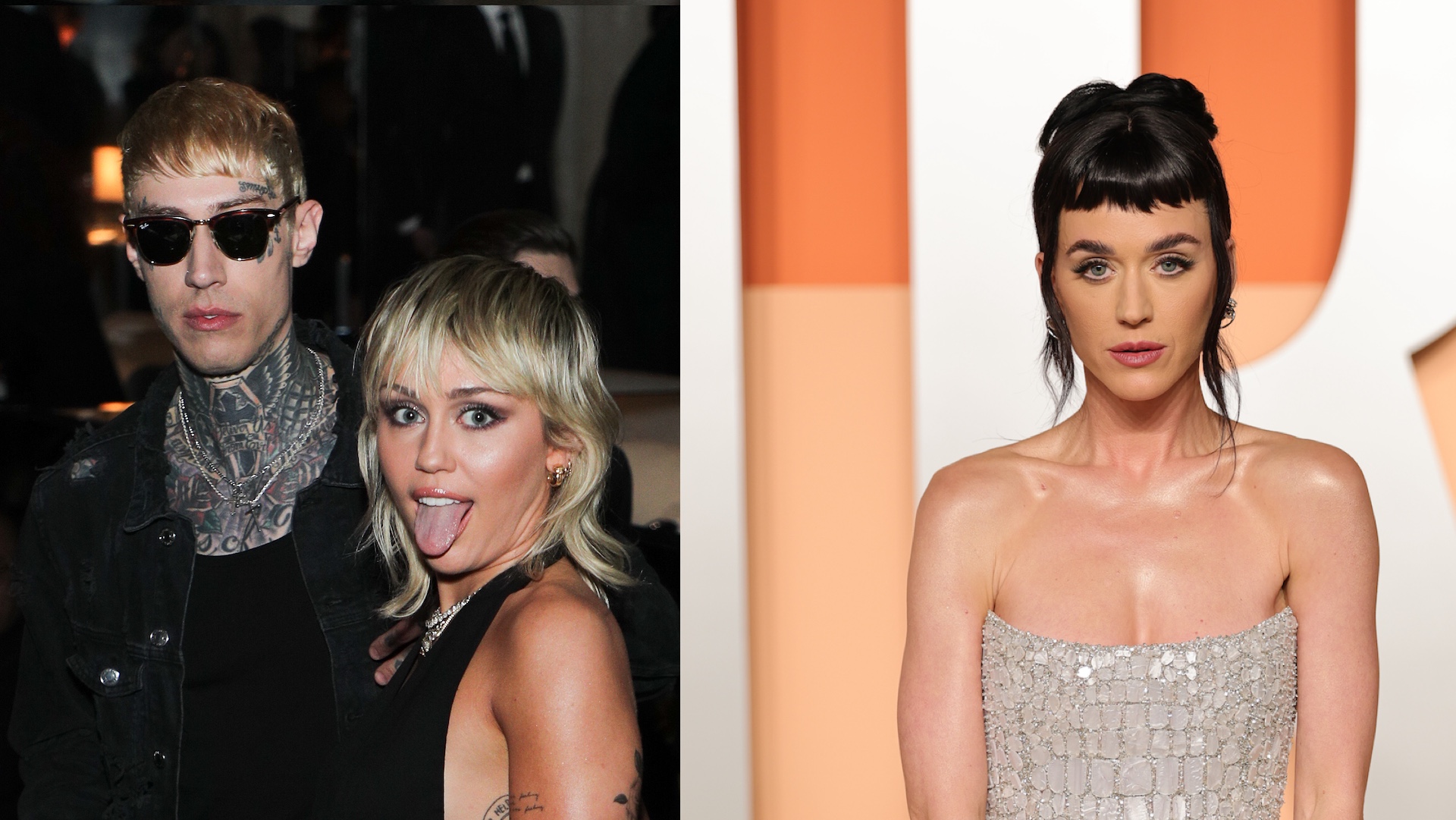 Miley Cyrus with a playful expression next to a man with sunglasses and tattoos; Katy Perry in a silver dress on the right.