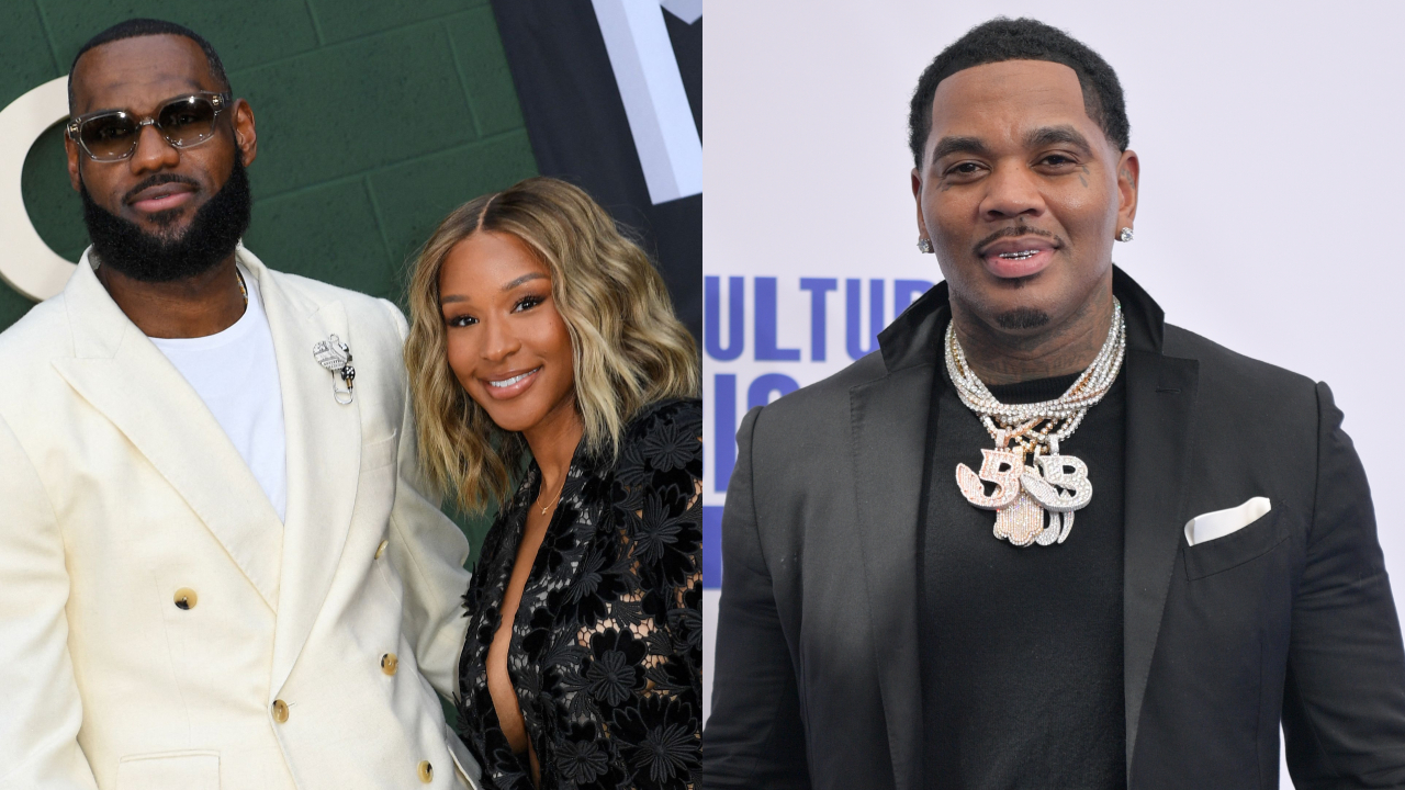 LeBron James in a white suit with his wife Savannah in black, and Kevin Gates in a black suit with chains.