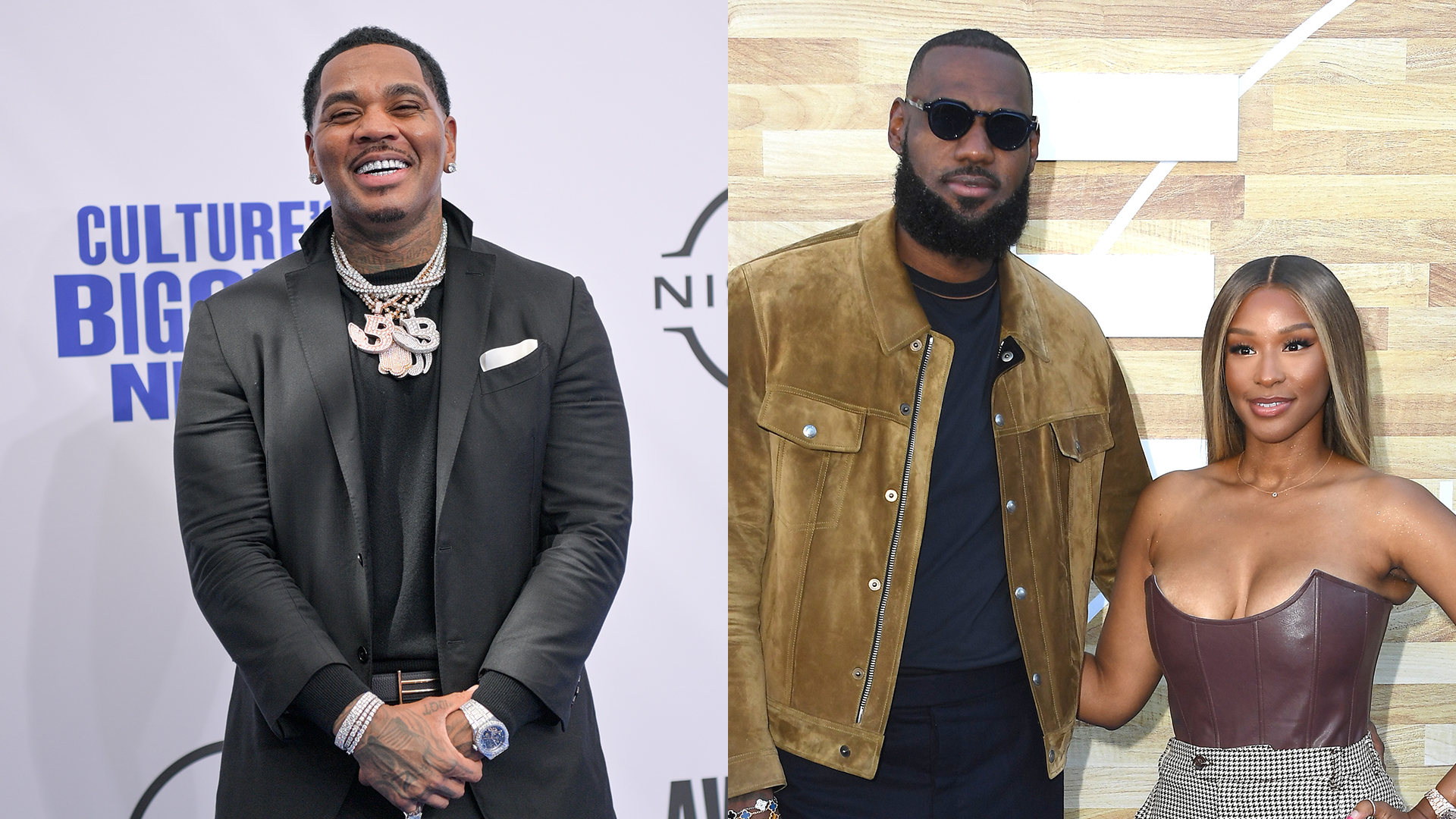 Kevin Gates smiling in a black suit; LeBron James in sunglasses and a brown jacket with Savannah James in a strapless dress.