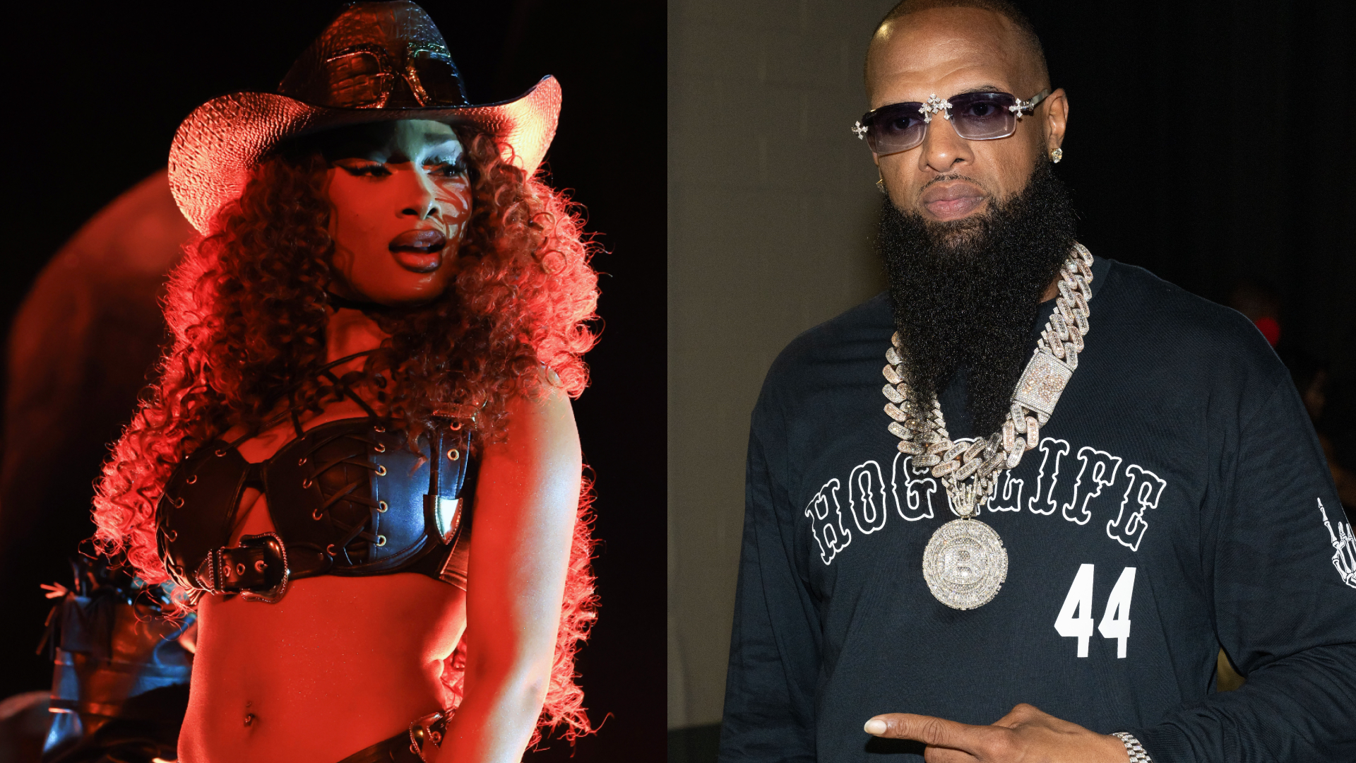 A woman in a cowboy hat and leather outfit performs on stage, and a man with sunglasses and a beard wears a "Hog Life" shirt and chain.