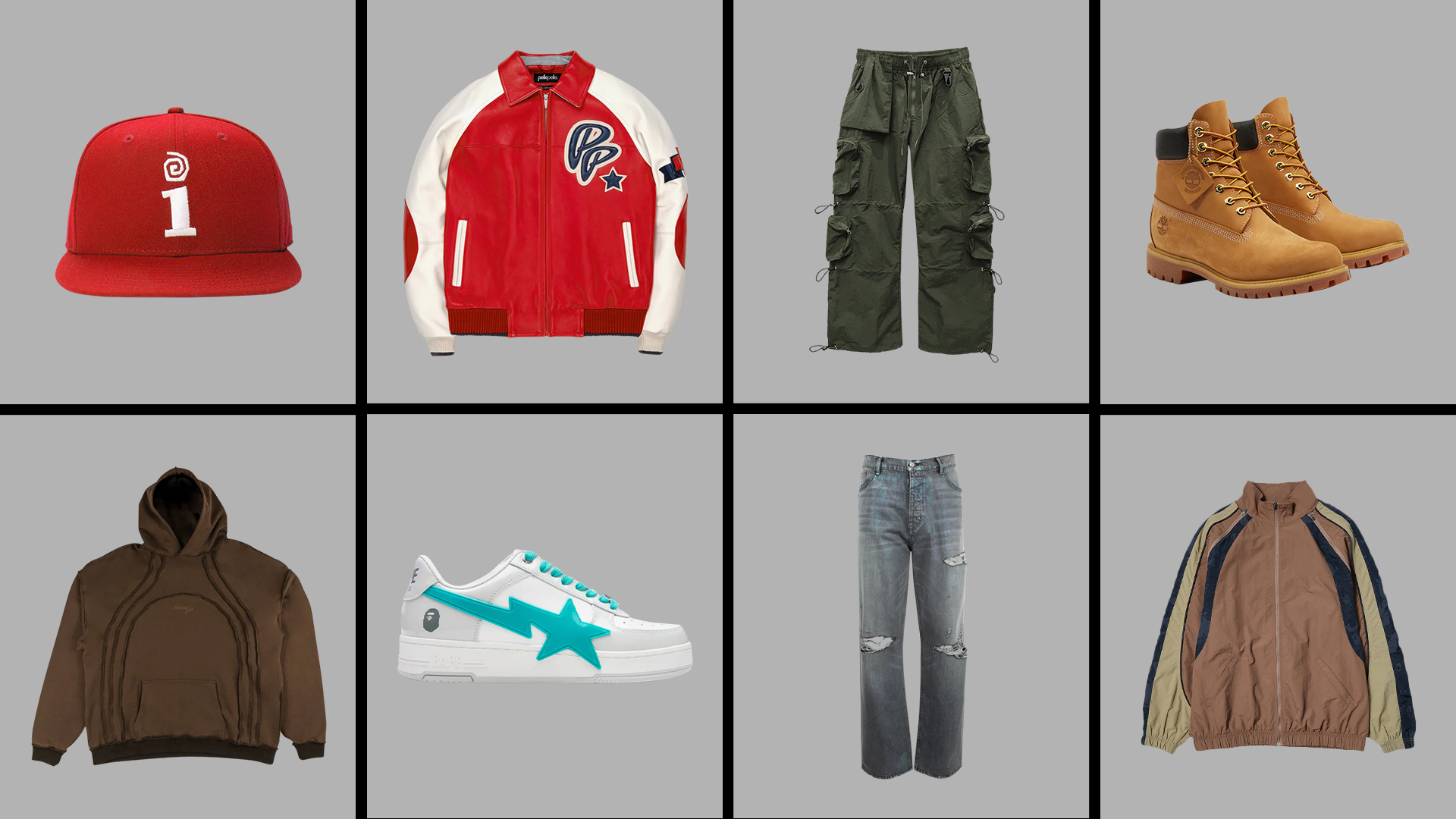 A grid with various clothing items: red cap, red varsity jacket, green cargo pants, tan boots, brown hoodie, white sneakers, ripped jeans, and a tan jacket.