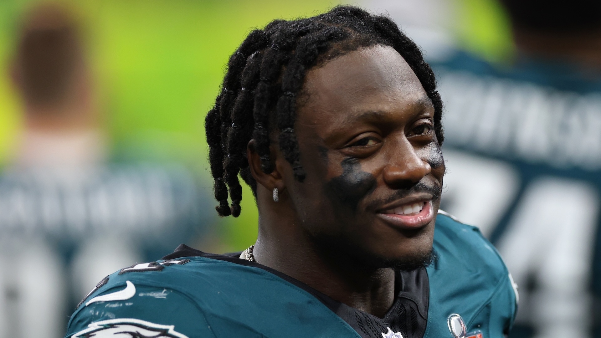 A.J. Brown #11 of the Philadelphia Eagles looks on in the fourth quarter against the Kansas City Chiefs during Super Bowl LIX