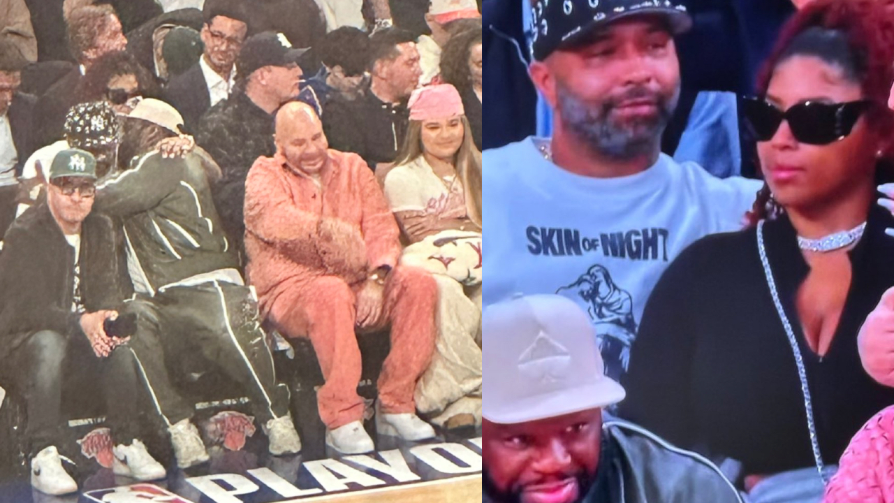 A group of people sitting courtside at an NBA playoff game, including a man in a pink outfit.