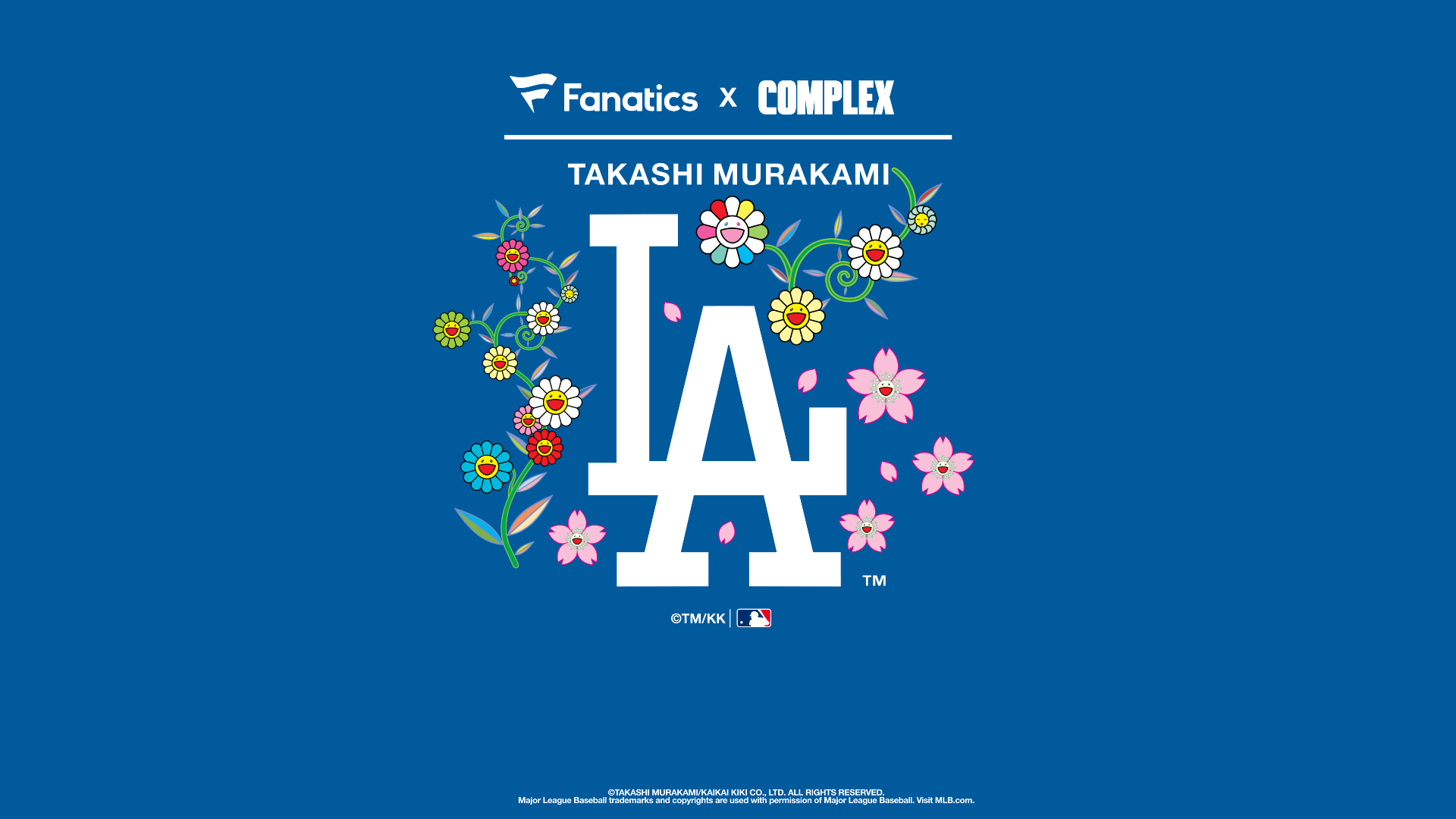 LA Dodgers logo with colorful flowers by Takashi Murakami, featuring Fanatics and Complex branding on a blue background.
