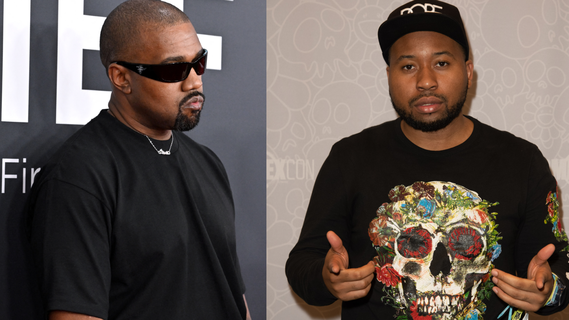 Kanye West wearing sunglasses and a black shirt; DJ Akademiks in a colorful skull sweater and cap.