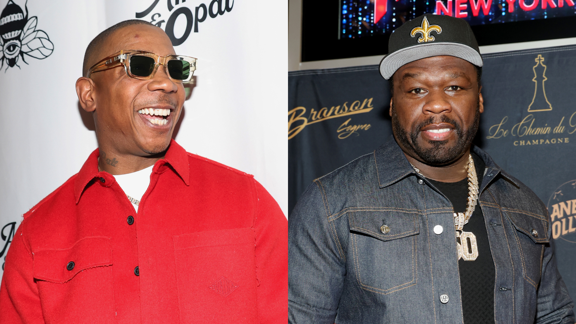Ja Rule in a red jacket, smiling with sunglasses. 50 Cent in a denim jacket and cap, wearing a chain with a serious expression.
