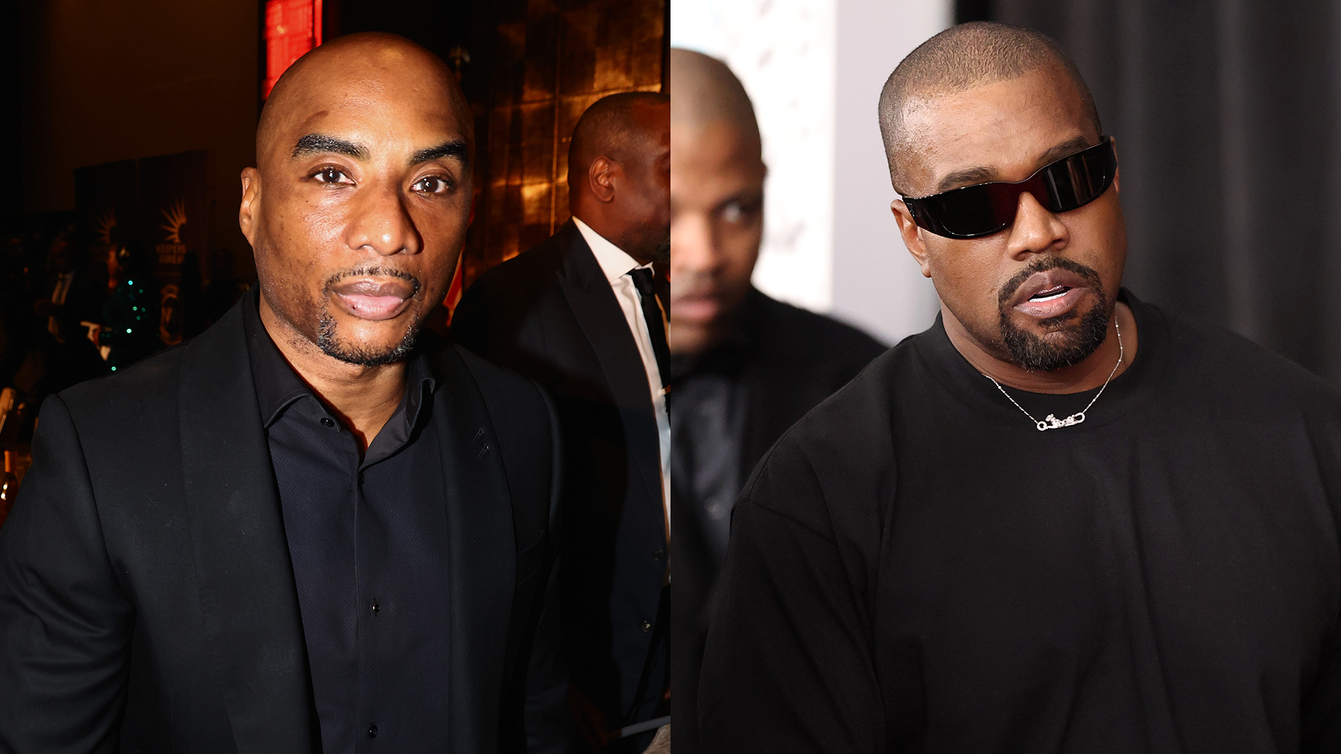 Charlamagne Tha God in a suit and Kanye West in sunglasses and a black shirt, standing at an event.