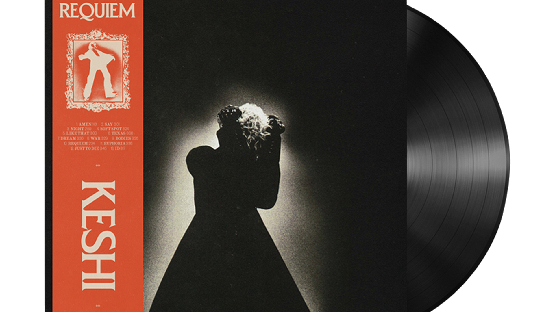 Album cover for "Requiem" by Keshi, featuring a silhouette of a person against a bright background, with an orange side label.