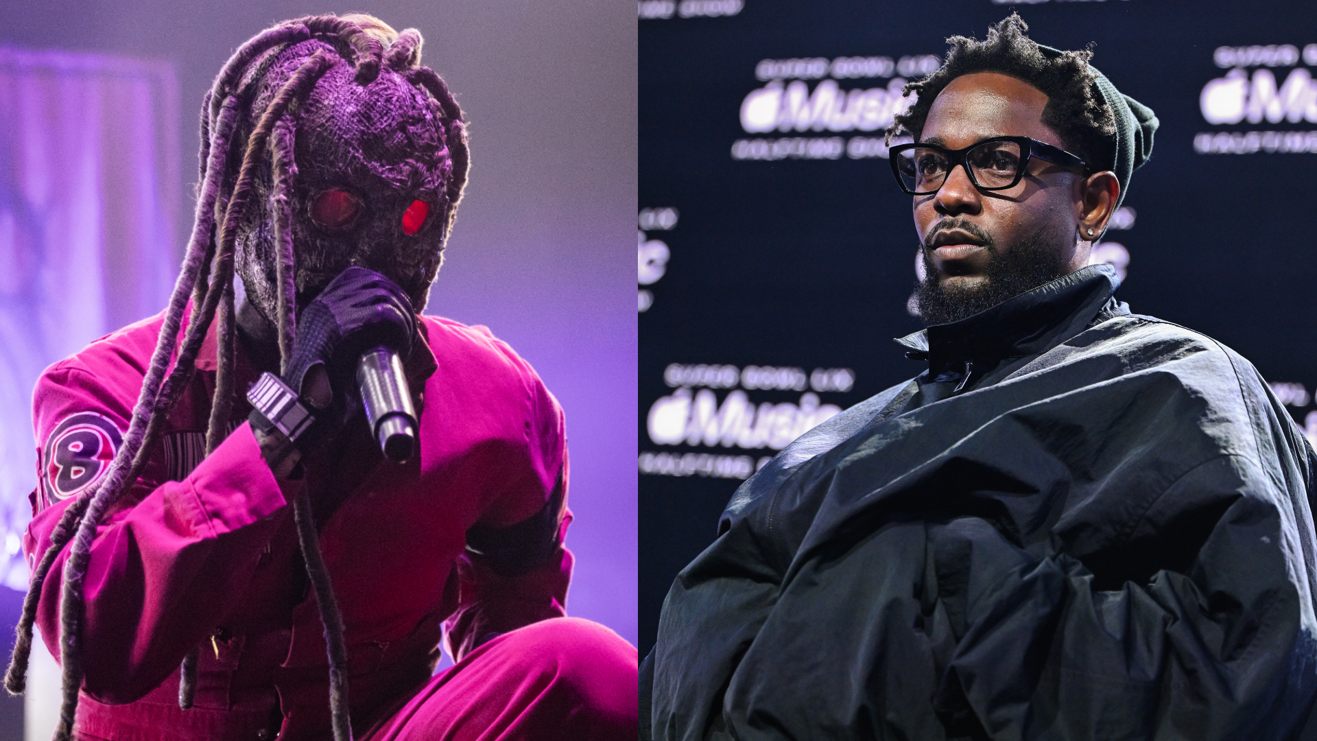 Two images side by side: Left shows Corey Taylor in a red outfit with dreadlocks, holding a microphone. Right shows Kendrick Lamar in glasses and a dark jacket.