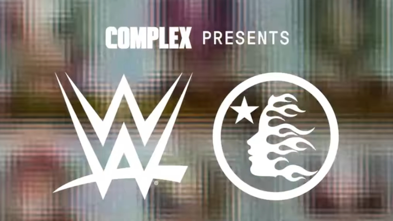 Logos of WWE and another brand with a stylized face and star, under "Complex Presents" text on a blurred background.