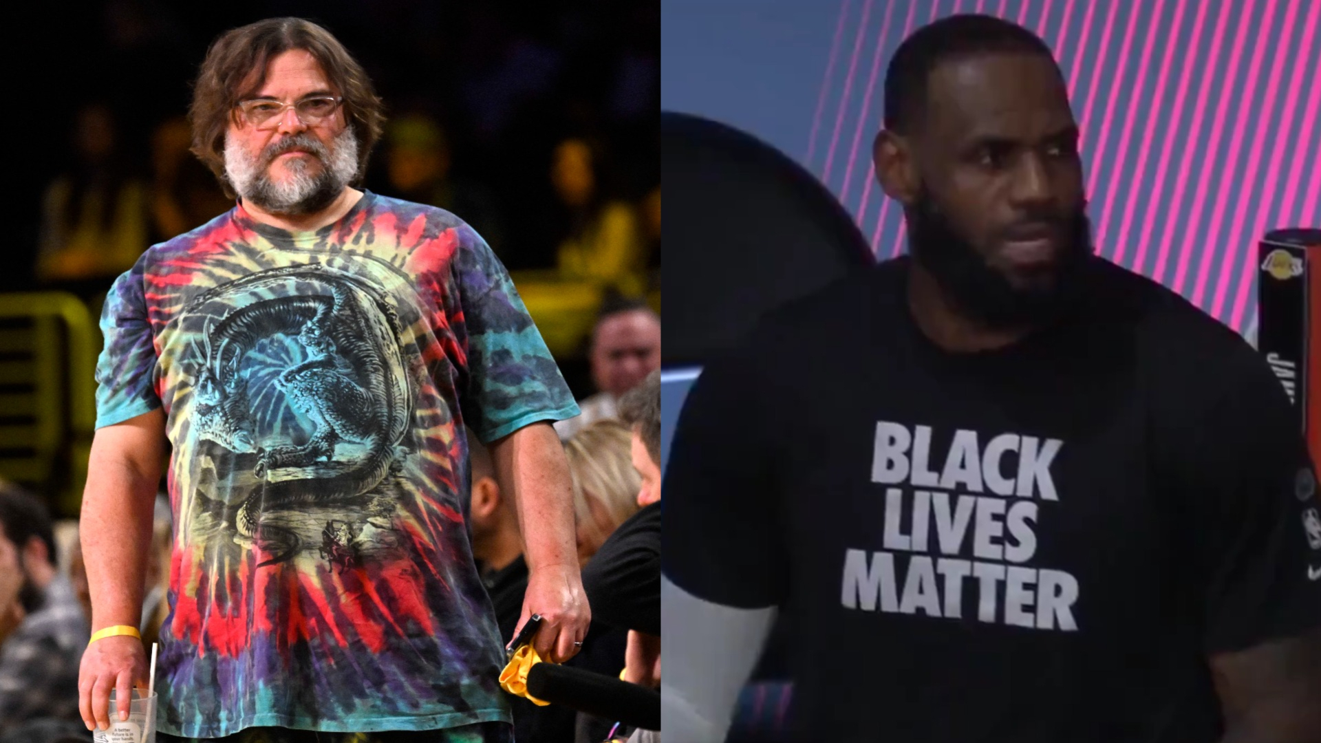 Split image of Jack Black, and LeBron James from the viral "our ball" moment.