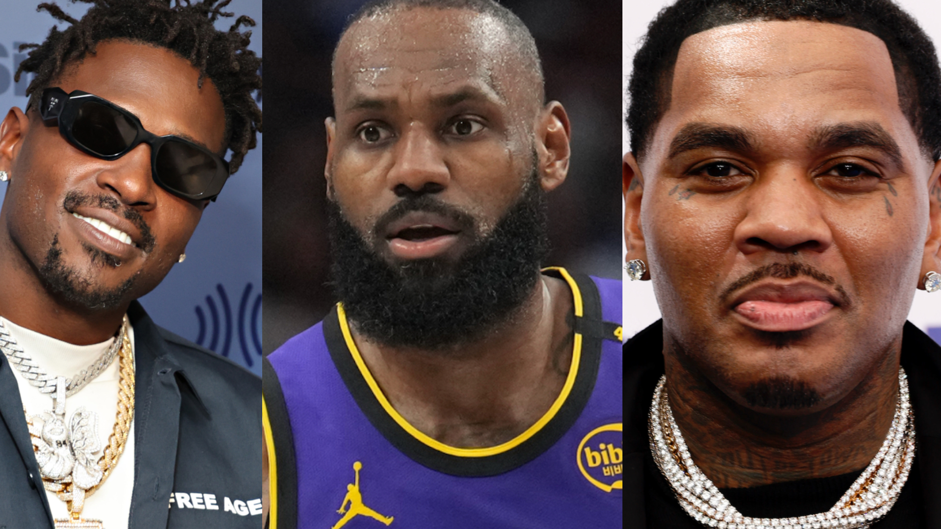 Three men in a collage: Left, a man with sunglasses and jewelry; center, a basketball player in a purple jersey; right, a man with earrings and a chain necklace.