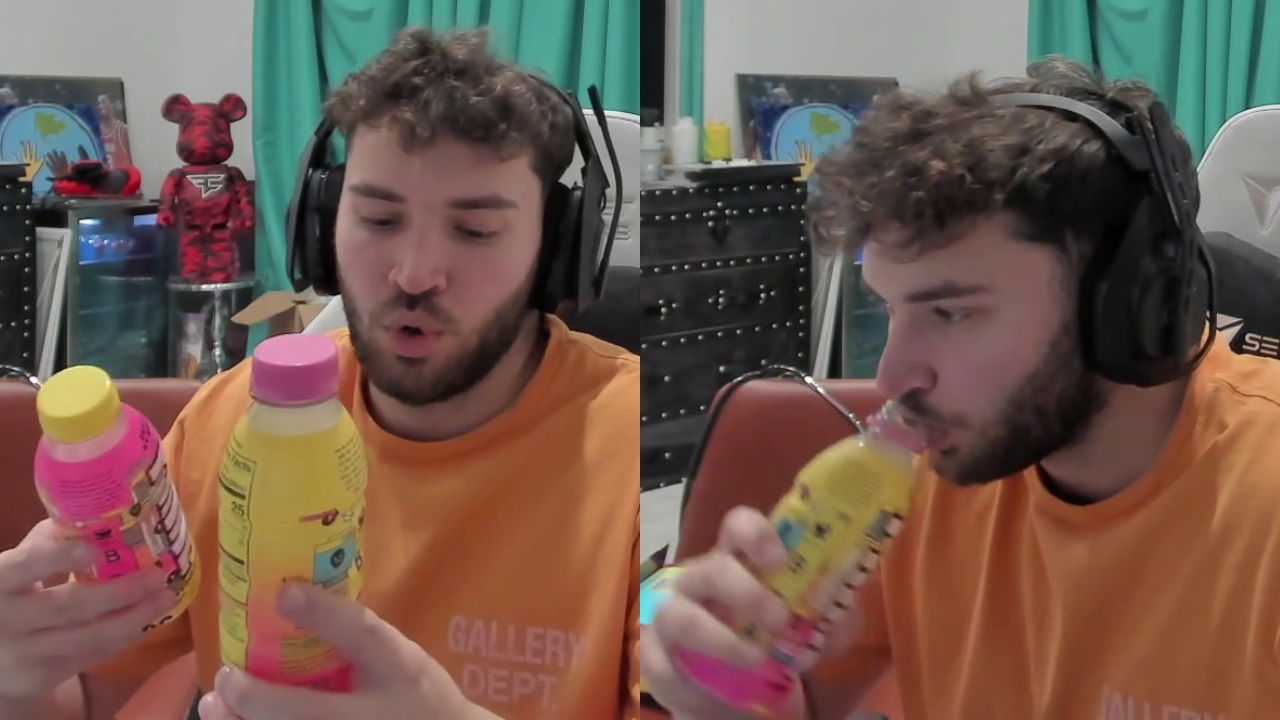 Adin Ross with headphones is holding and drinking from colorful bottles, sitting in a room with a gaming chair and decorative items.