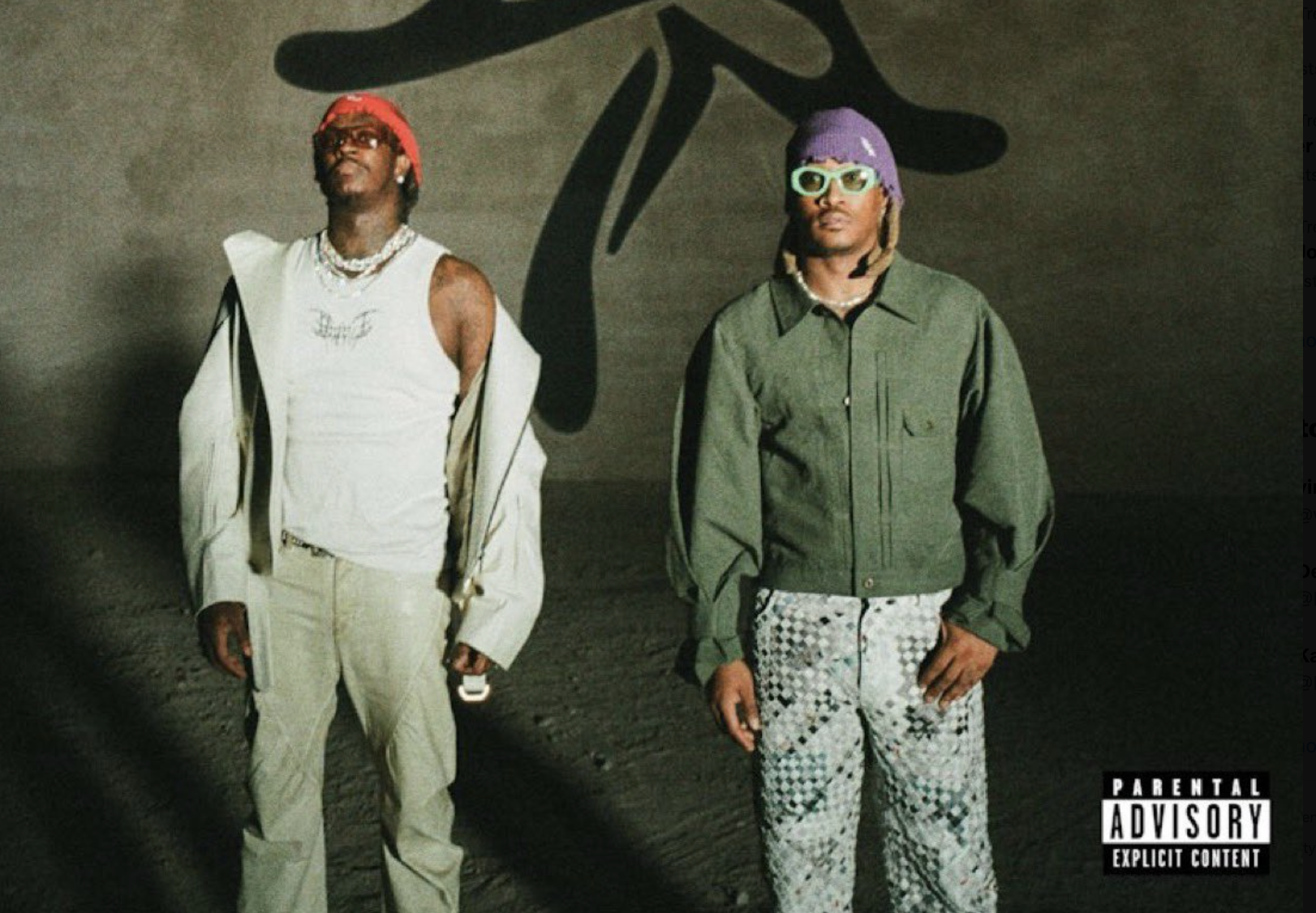 Young Thug wears a red bandana and white top while Future is in a purple beanie and sunglasses.