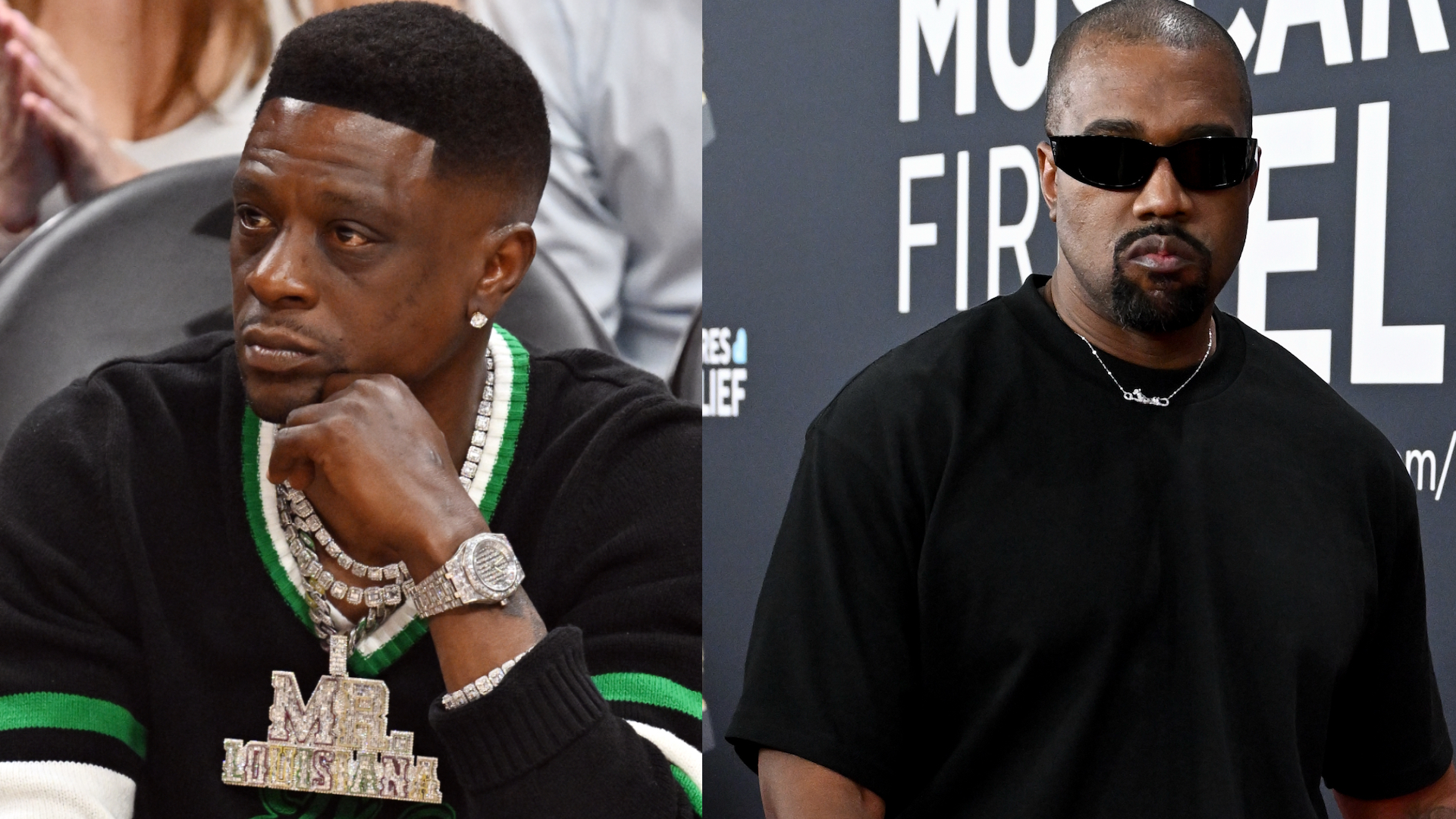 Boosie Badazz in a black and green sweater with jewelry, and Kanye West in a black shirt and sunglasses.