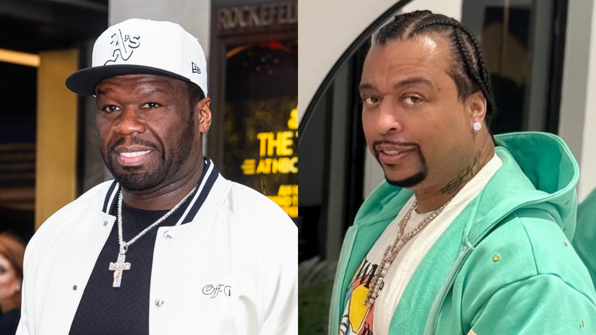 Two men are pictured side by side. On the left is 50 Cent wearing a white jacket and cap. The man on the right wears a green hoodie.