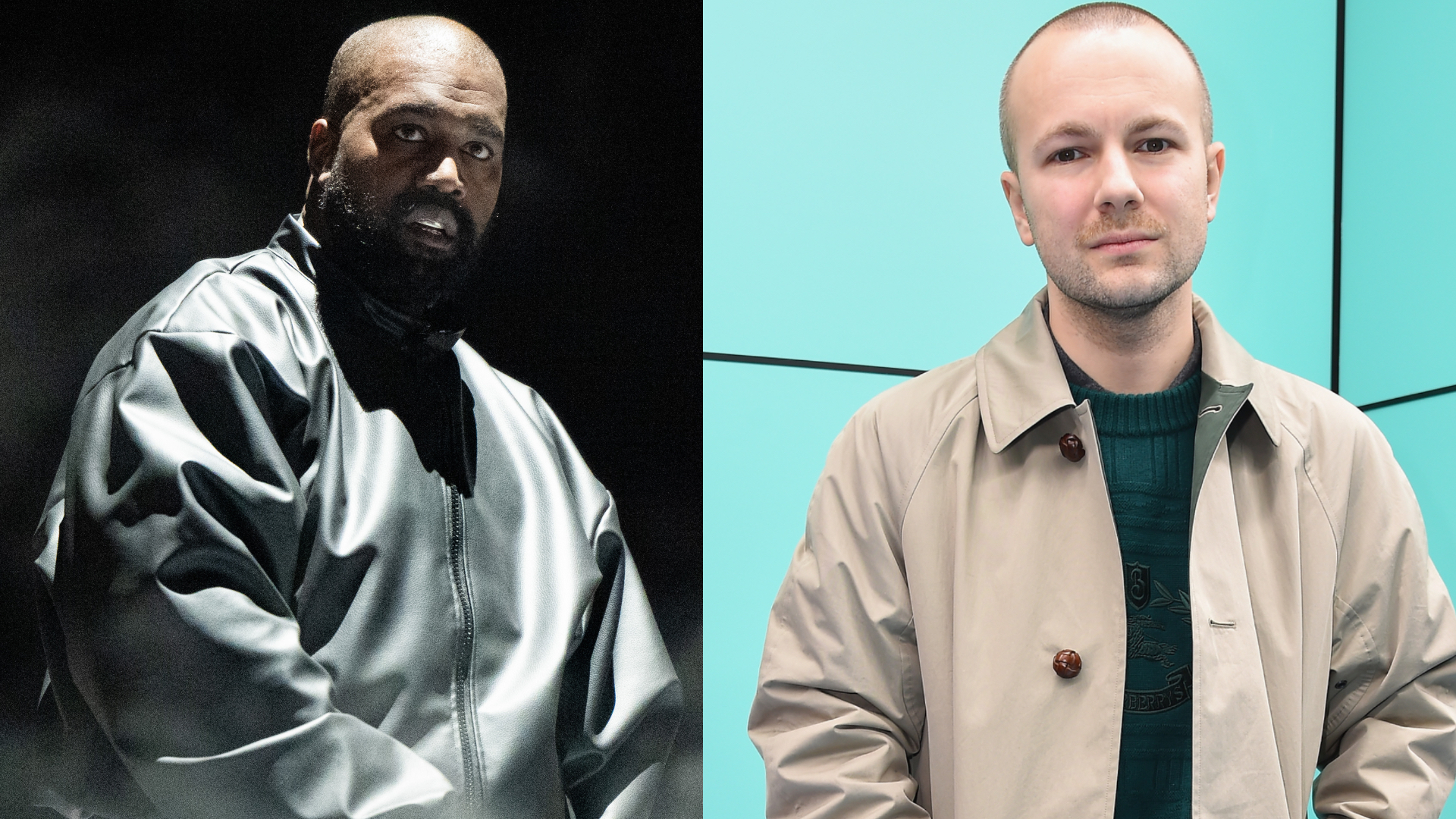 Kanye West in a shiny jacket on the left, and Gosha in a beige coat on the right, against a turquoise background.
