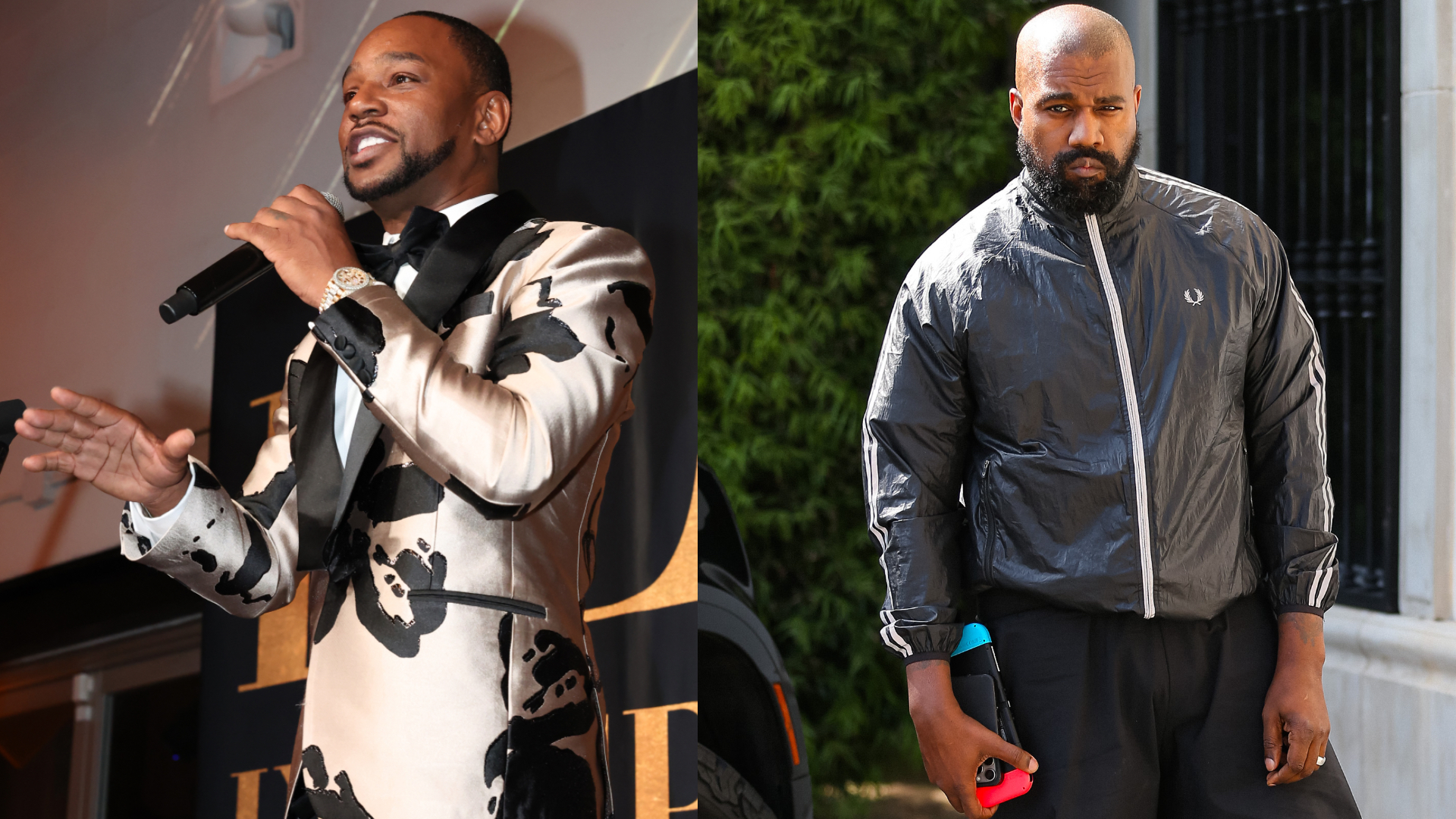 Cam'ron in a patterned suit speaking, and Kanye West in a black jacket walking outside.