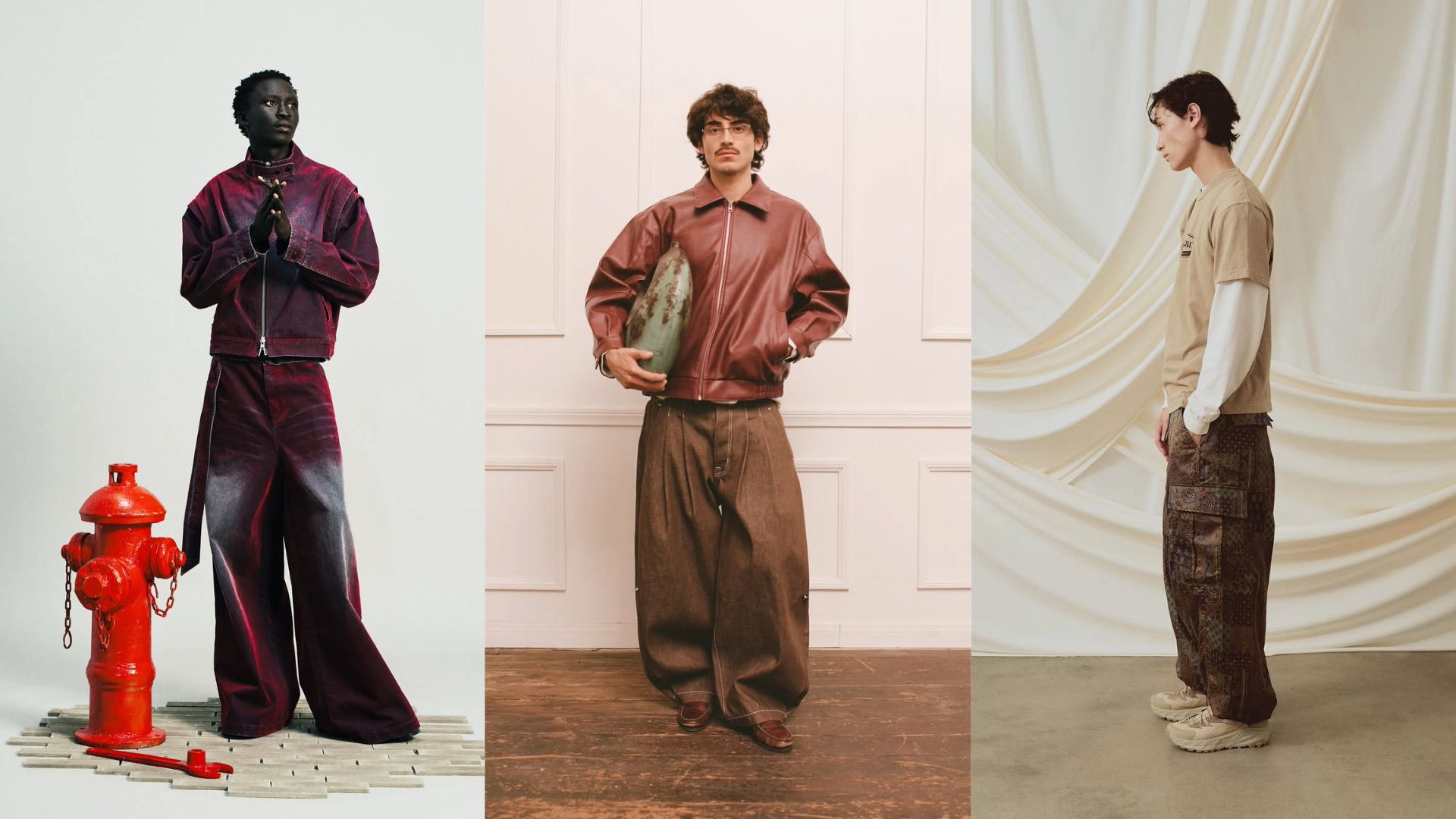 Three models in different fashion styles: a dark outfit with a red hydrant, a brown leather jacket with a vase, and a layered casual look.