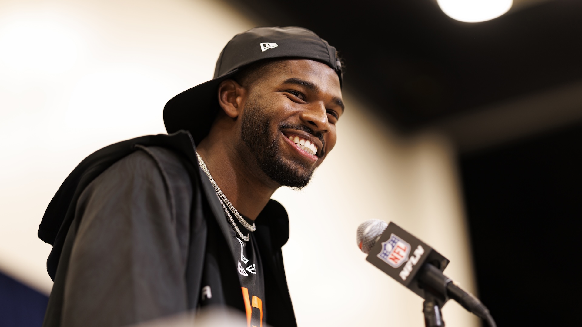 INDIANAPOLIS, INDIANA - FEBRUARY 28: Shedeur Sanders #QB13 of Colorado speaks at the podium during the 2025 NFL Combine at the Indiana Convention Center on February 28, 2025 in Indianapolis, Indiana.
