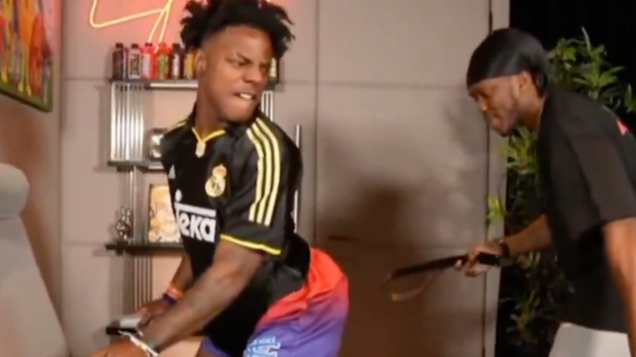 KSI whipping IShowSpeed during a gaming stream on YouTube.