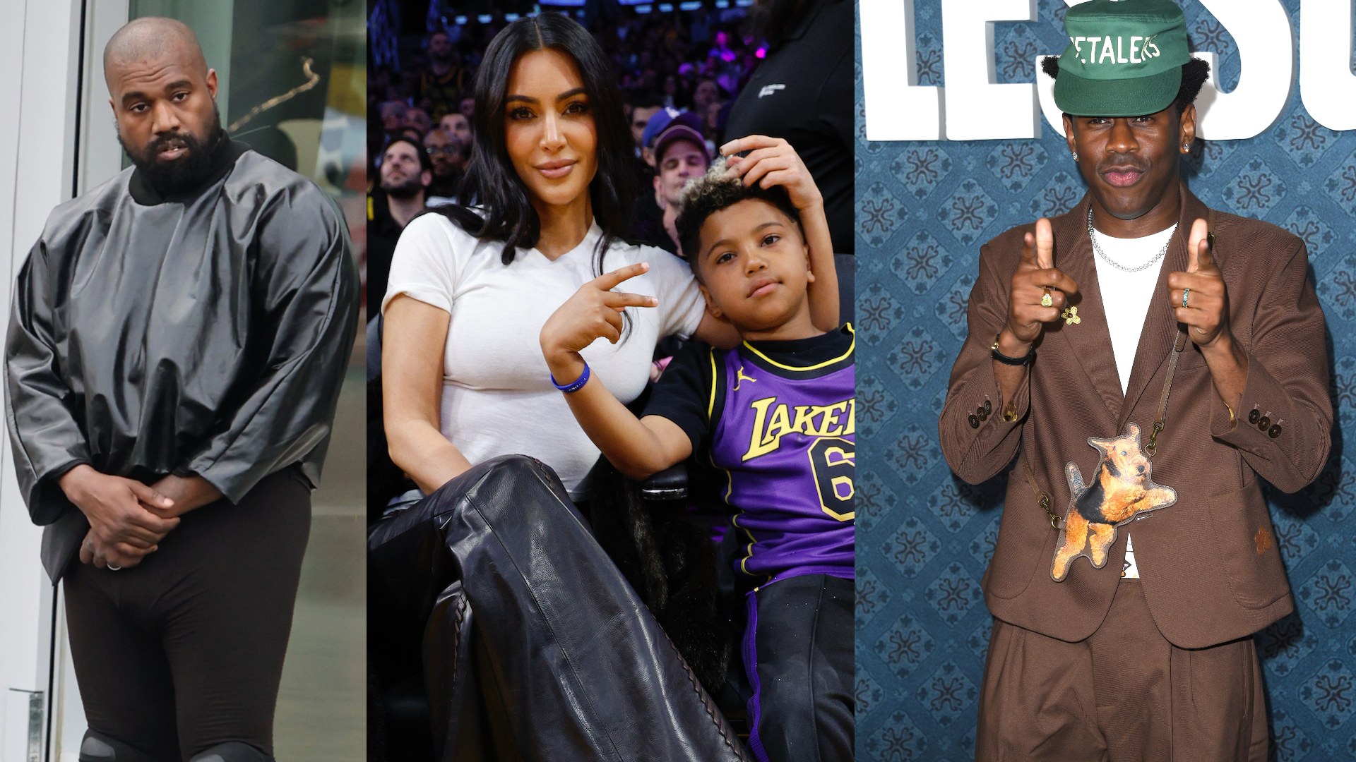 Kanye West in a black outfit, Kim Kardashian with a child at a Lakers game, and Tyler, the Creator in a brown suit with a green hat.