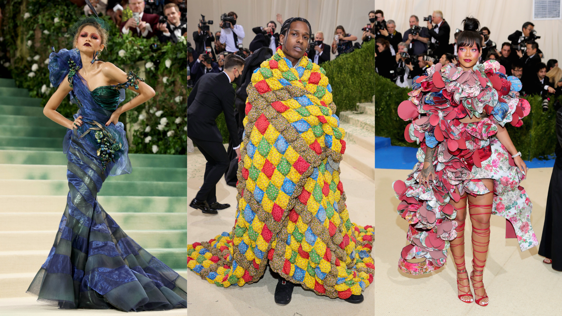 Three celebrities at the Met Gala: Zendaya in a blue gown, A$AP Rocky in a colorful quilt, and Rihanna in a floral ensemble.