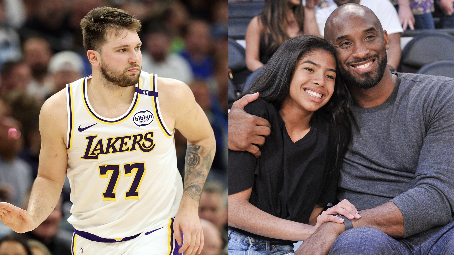 Luka Doncic #77 of the Los Angeles Lakers reacts to his three-point basket against the Minnesota Timberwolves in the second quarter of Game Four of the First Round of the 2025 NBA Playoffs at Target Center on April 27, 2025 in Minneapolis, Minnesota/Kobe Bryant and his daughter Gianna Bryant attend a basketball game between the Los Angeles Lakers and the Atlanta Hawks at Staples Center on November 17, 2019 in Los Angeles, California.
