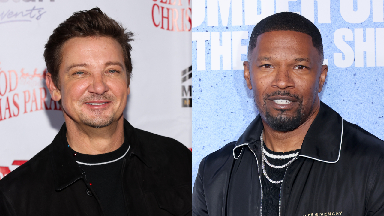 Jeremy Renner and Jamie Foxx, both smiling, at separate events. Renner wears a black jacket; Foxx sports a black jacket with white trim.
