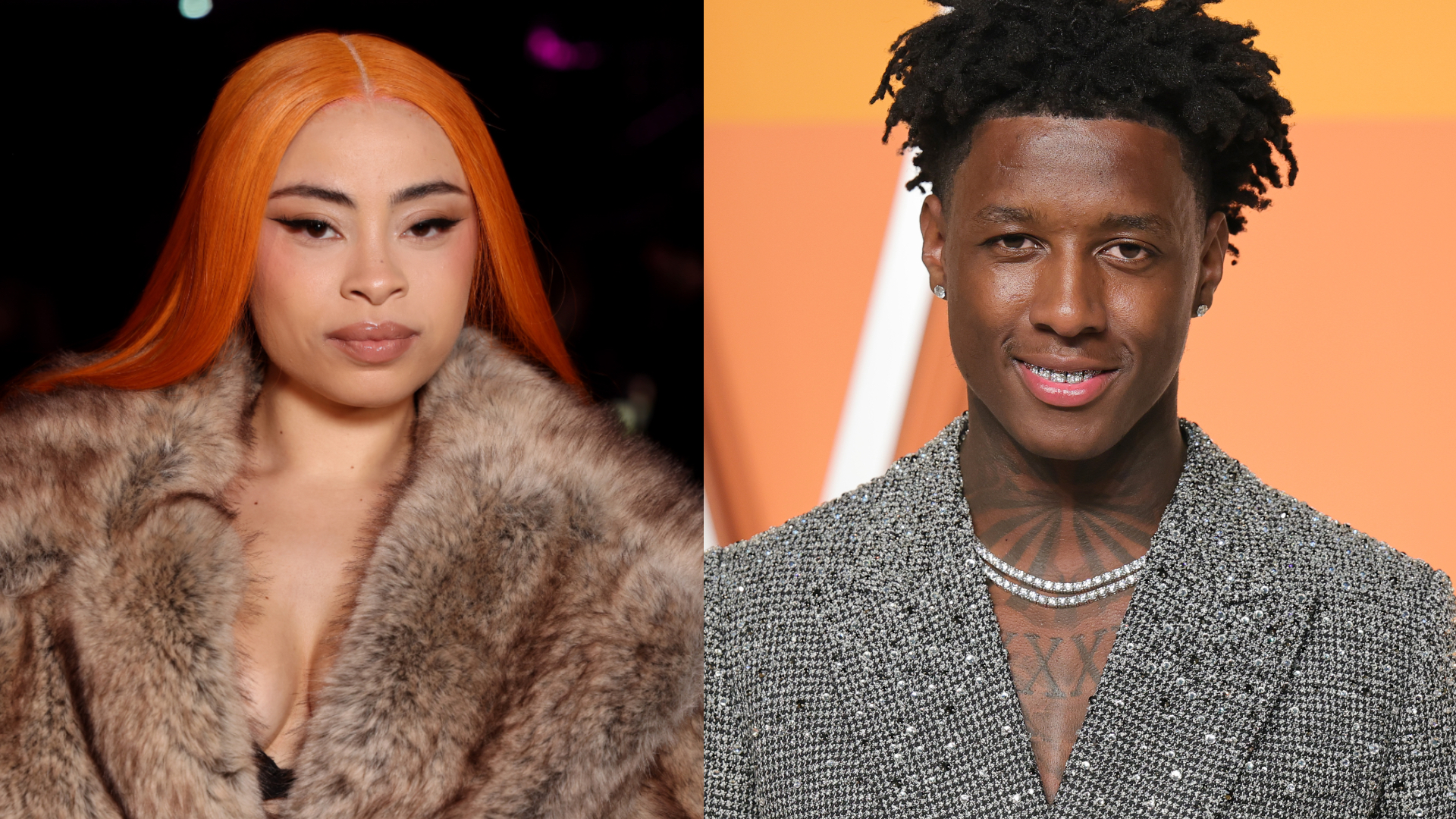 Two people are side by side; Ice Spice  has orange hair and a fur coat, Sauce Gardner has short hair and a checkered suit.