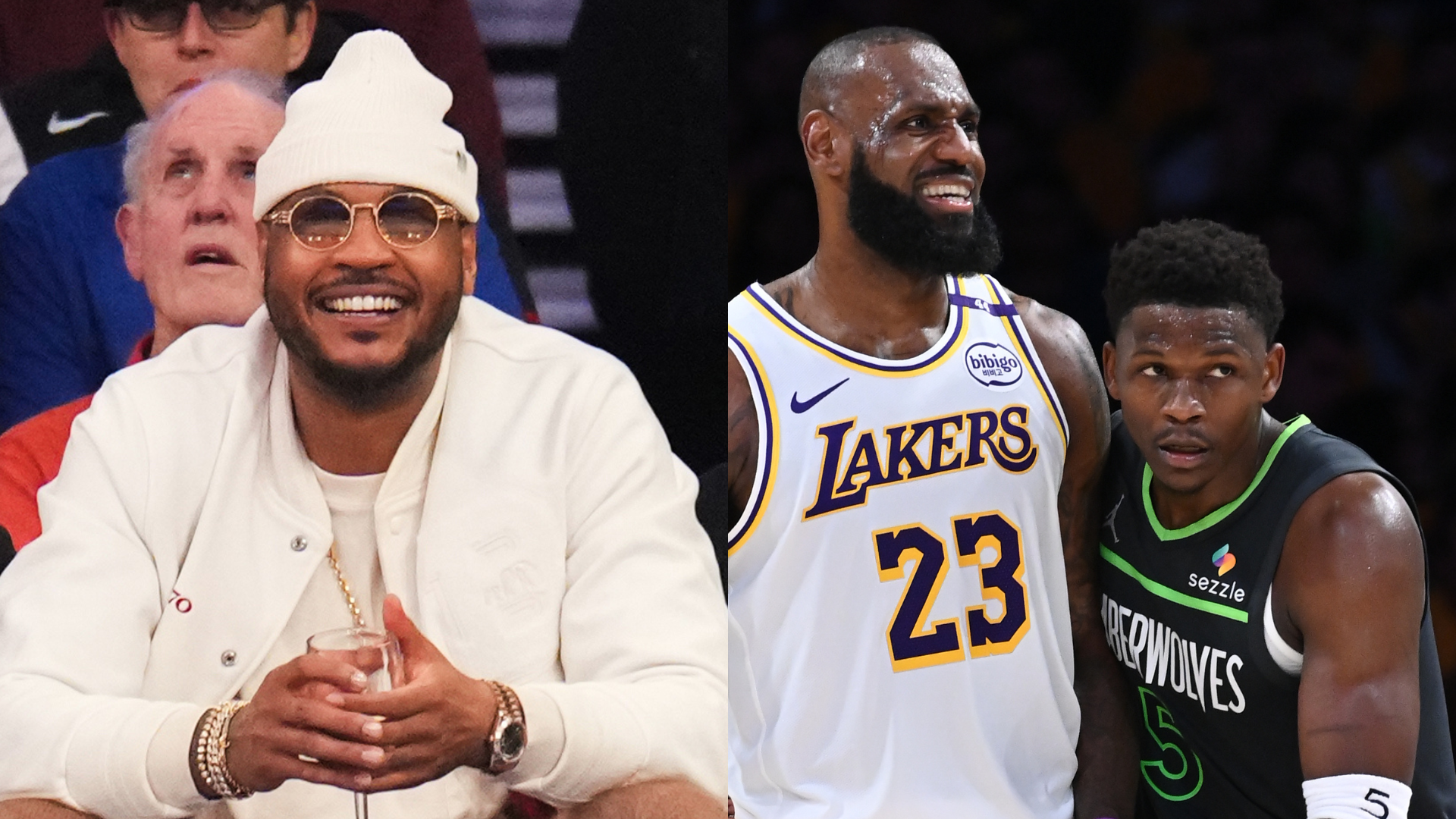 Carmelo Anthony smiling in a white outfit. LeBron James in a Lakers jersey with Anthony Edwards from the Timberwolves on the court.