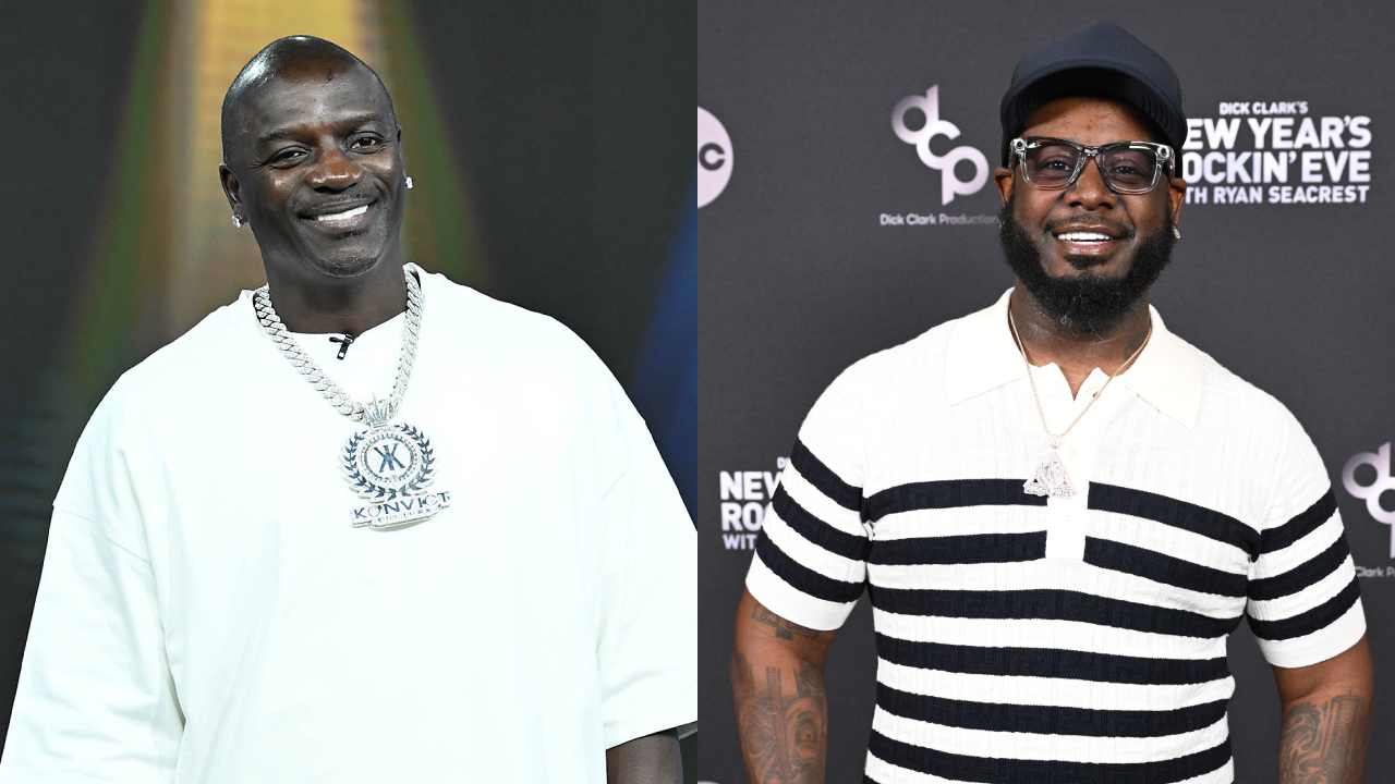 Akon in a white shirt and chain, smiling; T-Pain in a striped shirt and cap, smiling at an event.
