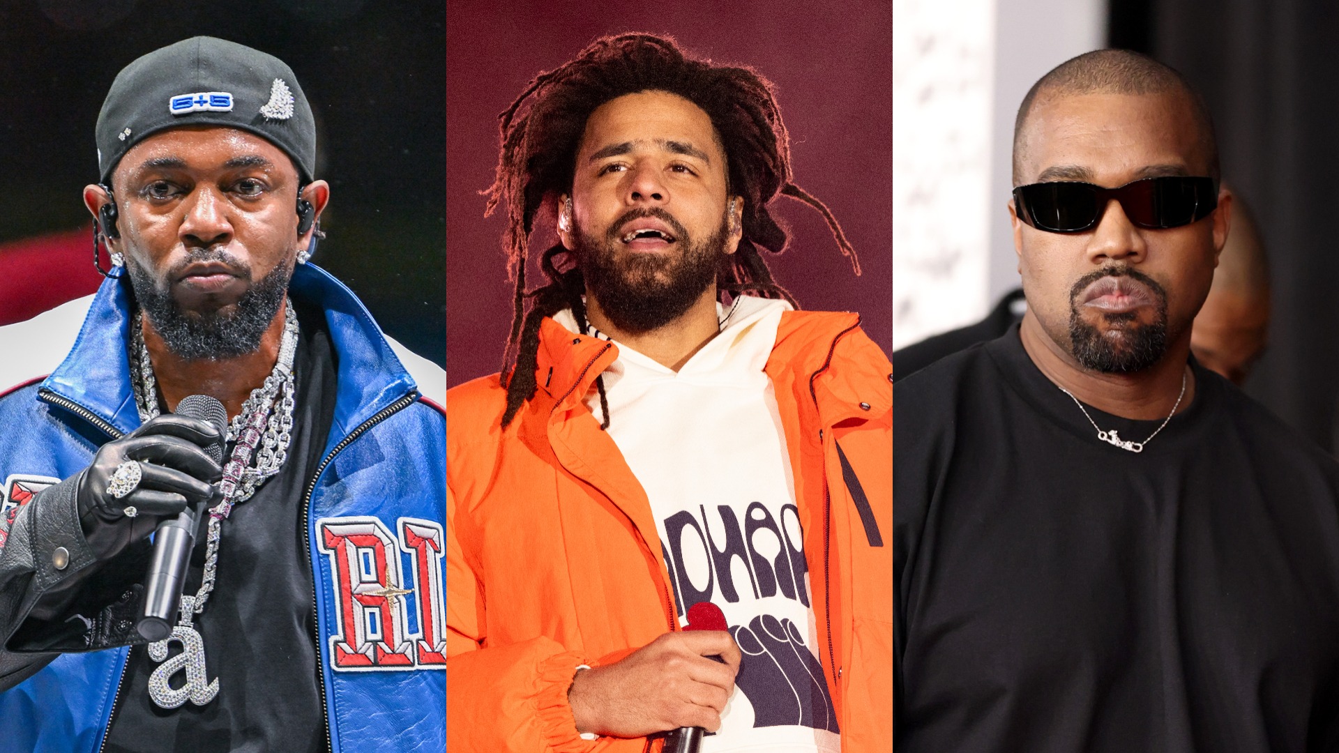 Split image of Kendrick Lamar, J. Cole, and Ye.