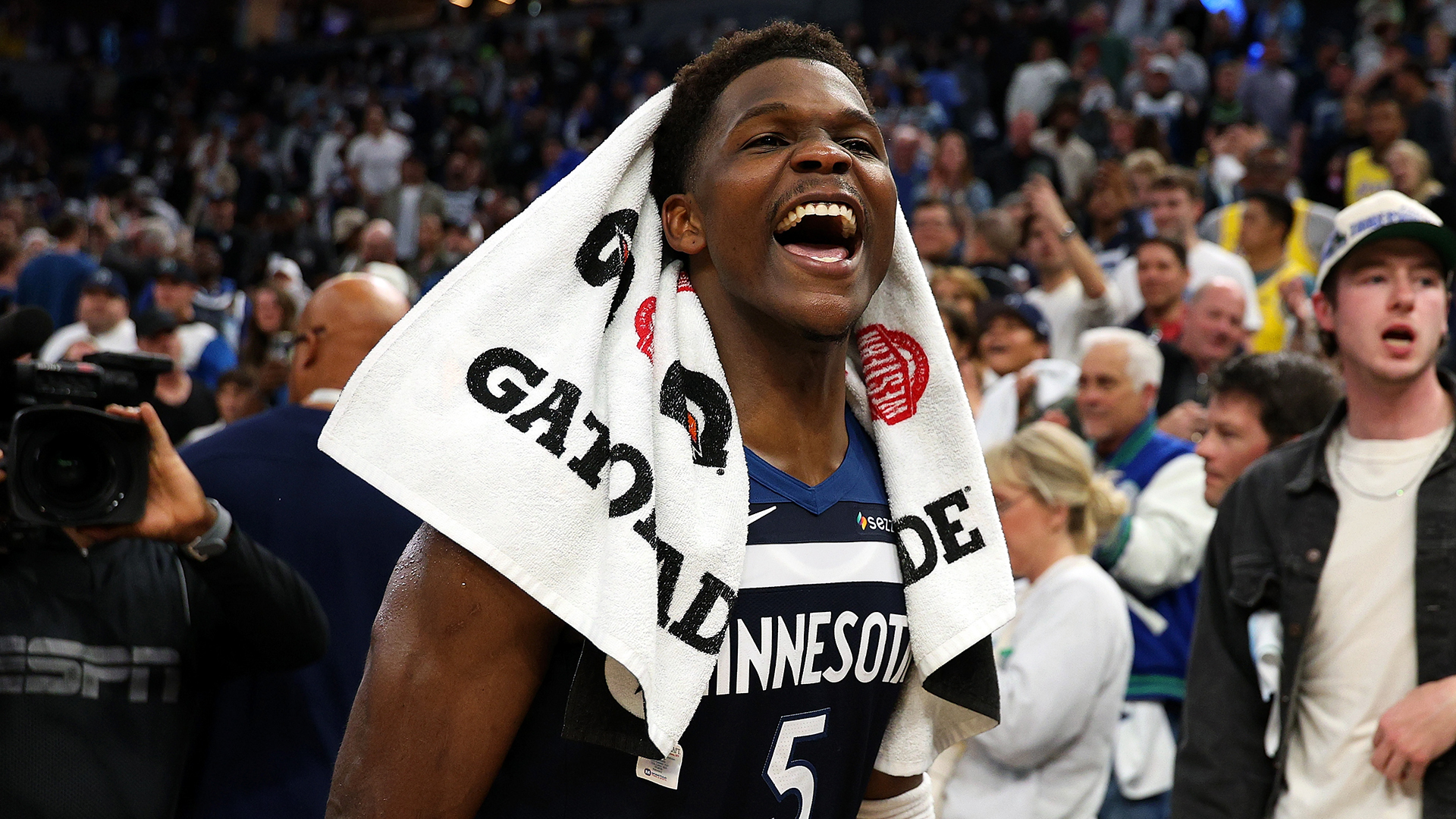 Anthony Edwards #5 of the Minnesota Timberwolves celebrates the win against the Los Angeles Lakers.
