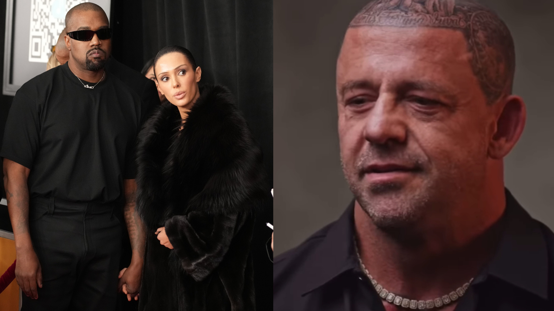 Kanye West in black with Bianca Censori in a fur coat on the left; Dr. Connelly with tattoos and a necklace on the right.