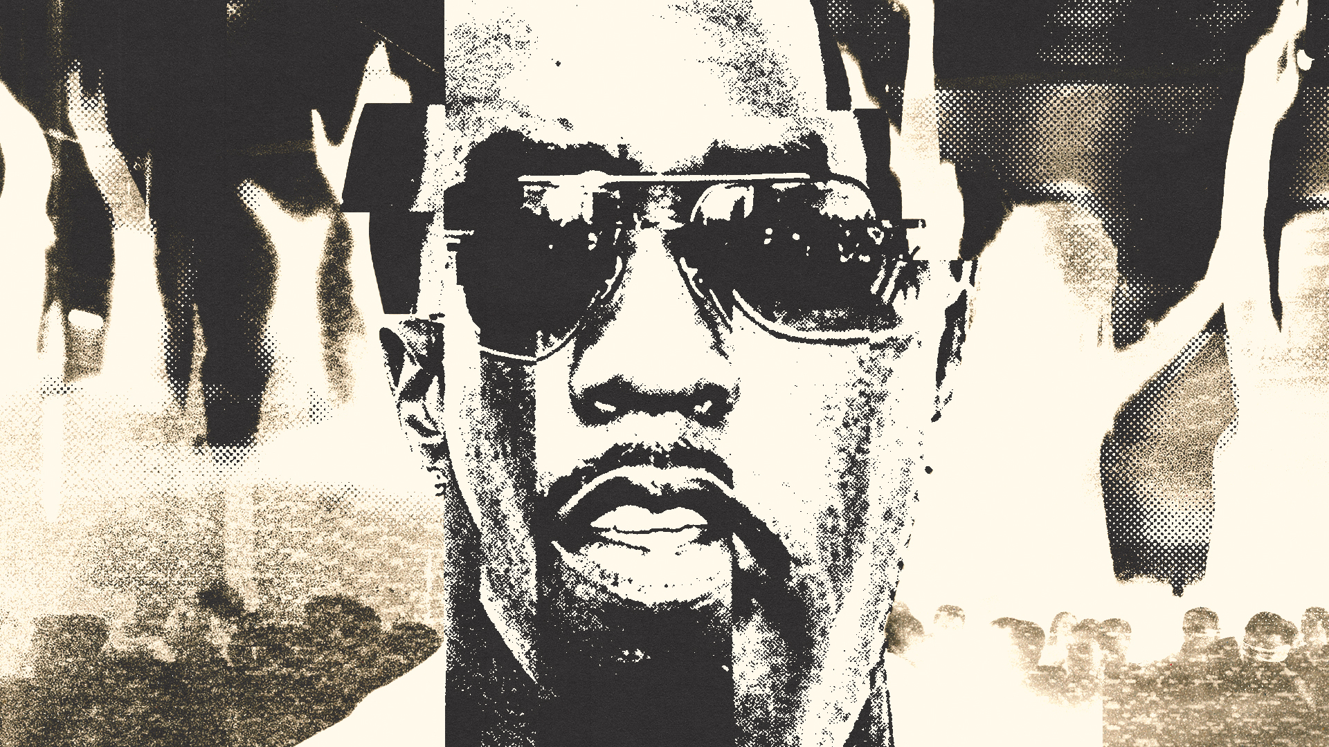 A stylized black and white image of Diddy wearing sunglasses, with a textured, abstract background.