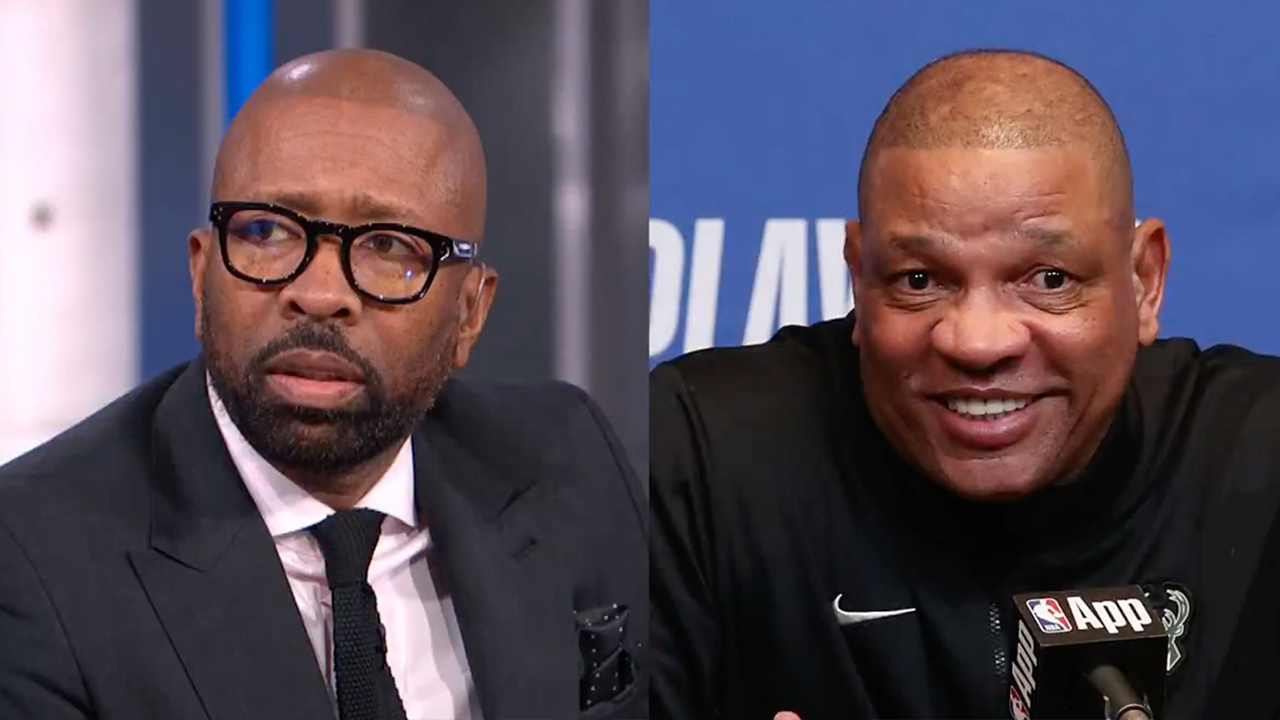 (L) Kenny Smith in a suit and glasses. (R) Doc Rivers smiling in a sports jacket at a press conference.