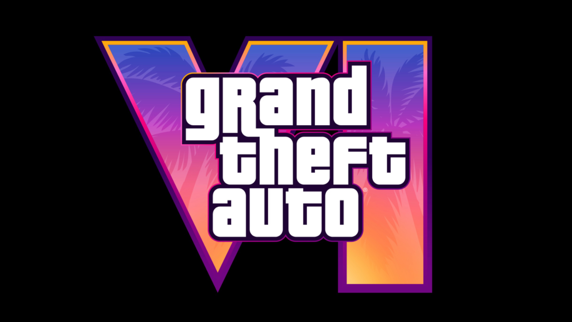 Logo for "Grand Theft Auto VI" with a tropical palm tree background in purple and orange hues.